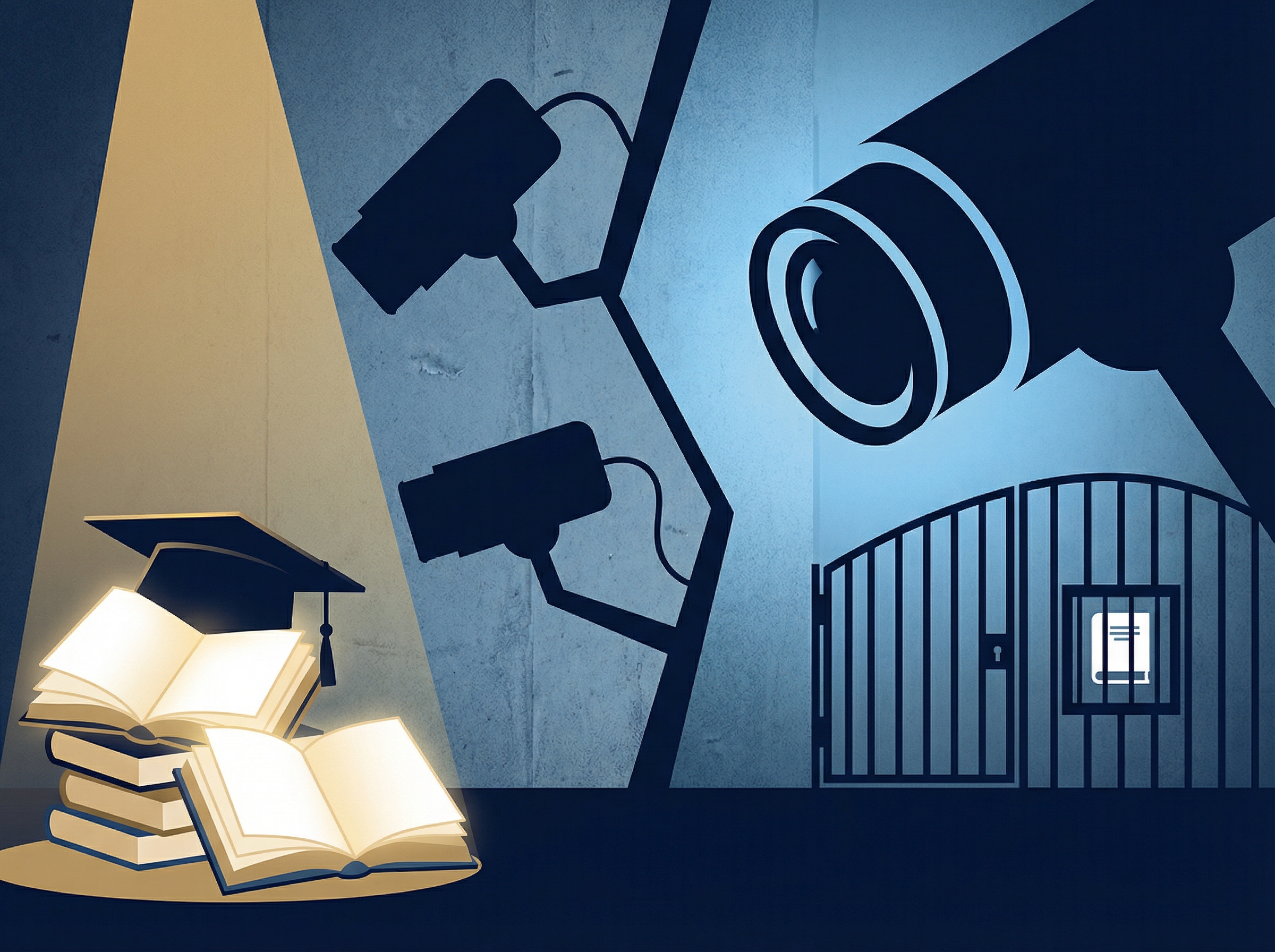 Conceptual image representing academic freedom and surveillance tension