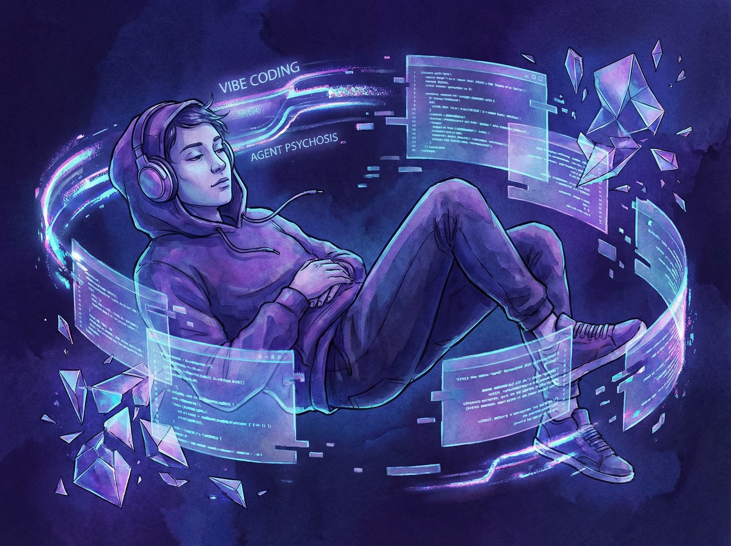 Developer floating in dreamlike state surrounded by hallucinatory code structures