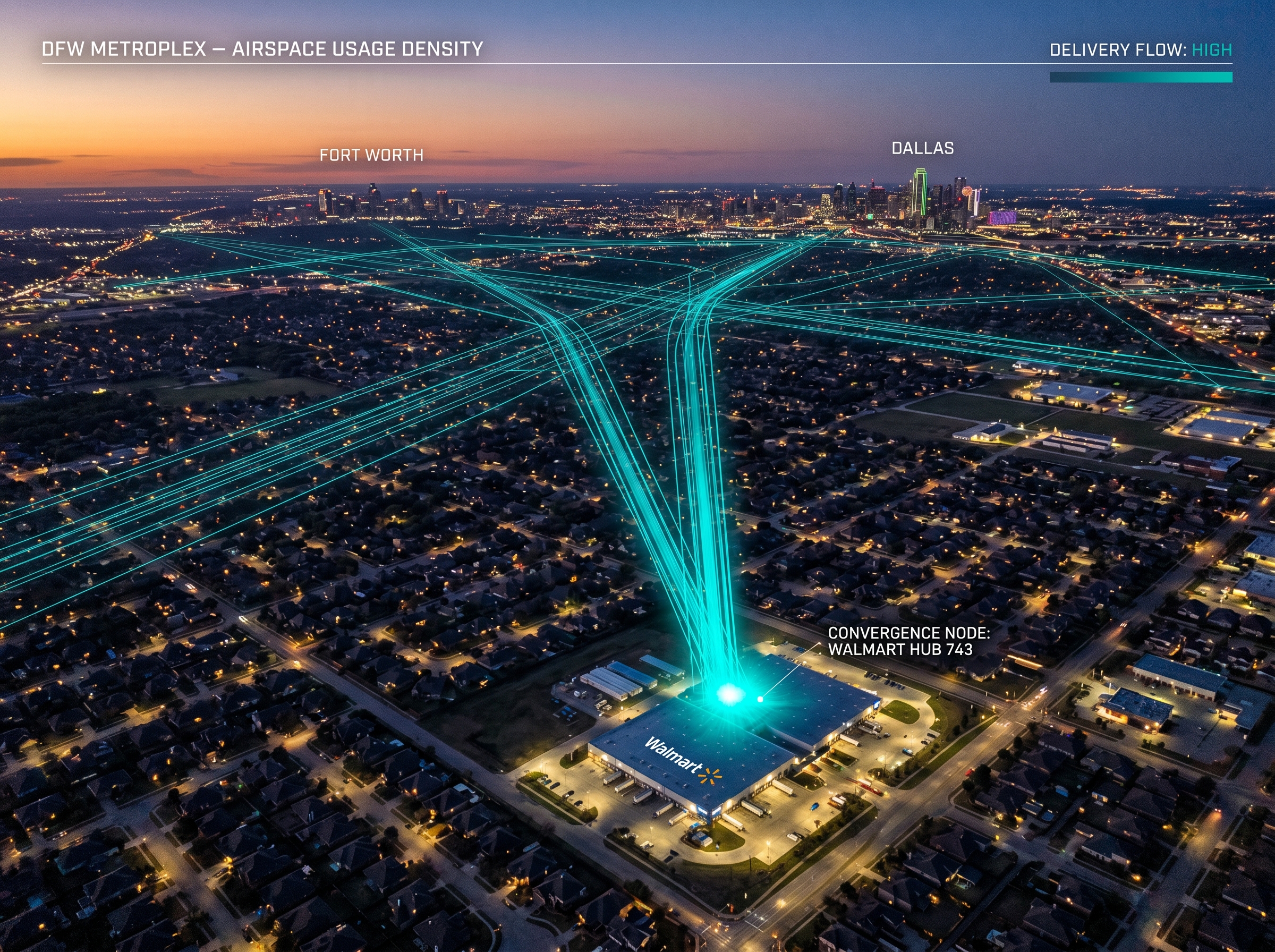 Aerial view of Dallas-Fort Worth with drone delivery corridors overlaid