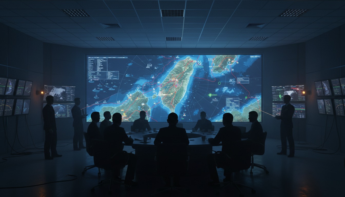Military war room with digital strategic map of the Taiwan Strait illuminated on a screen, officers as silhouettes around a planning table