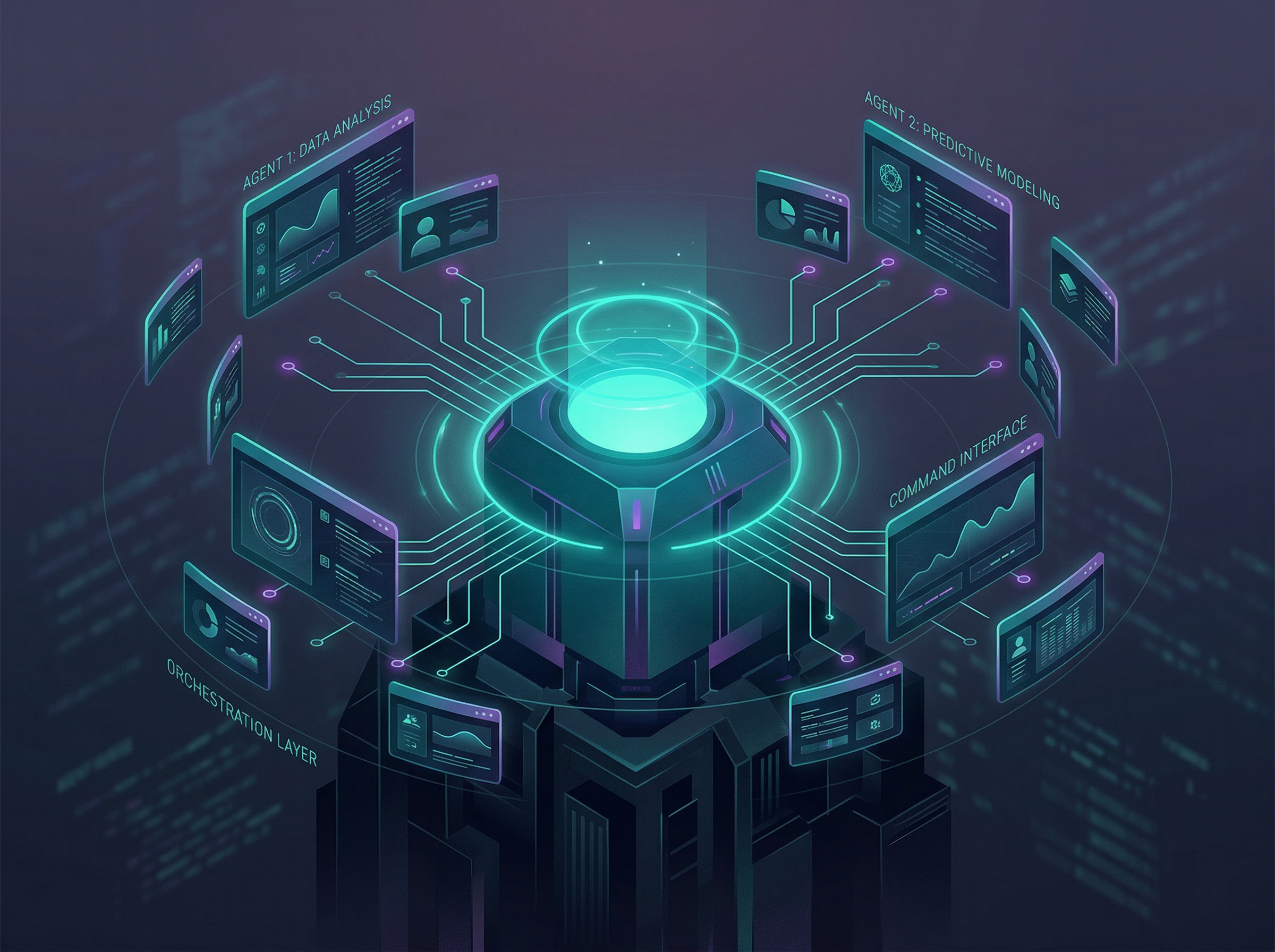 A sleek command center terminal orchestrating multiple floating agent windows connected by circuit-like lines