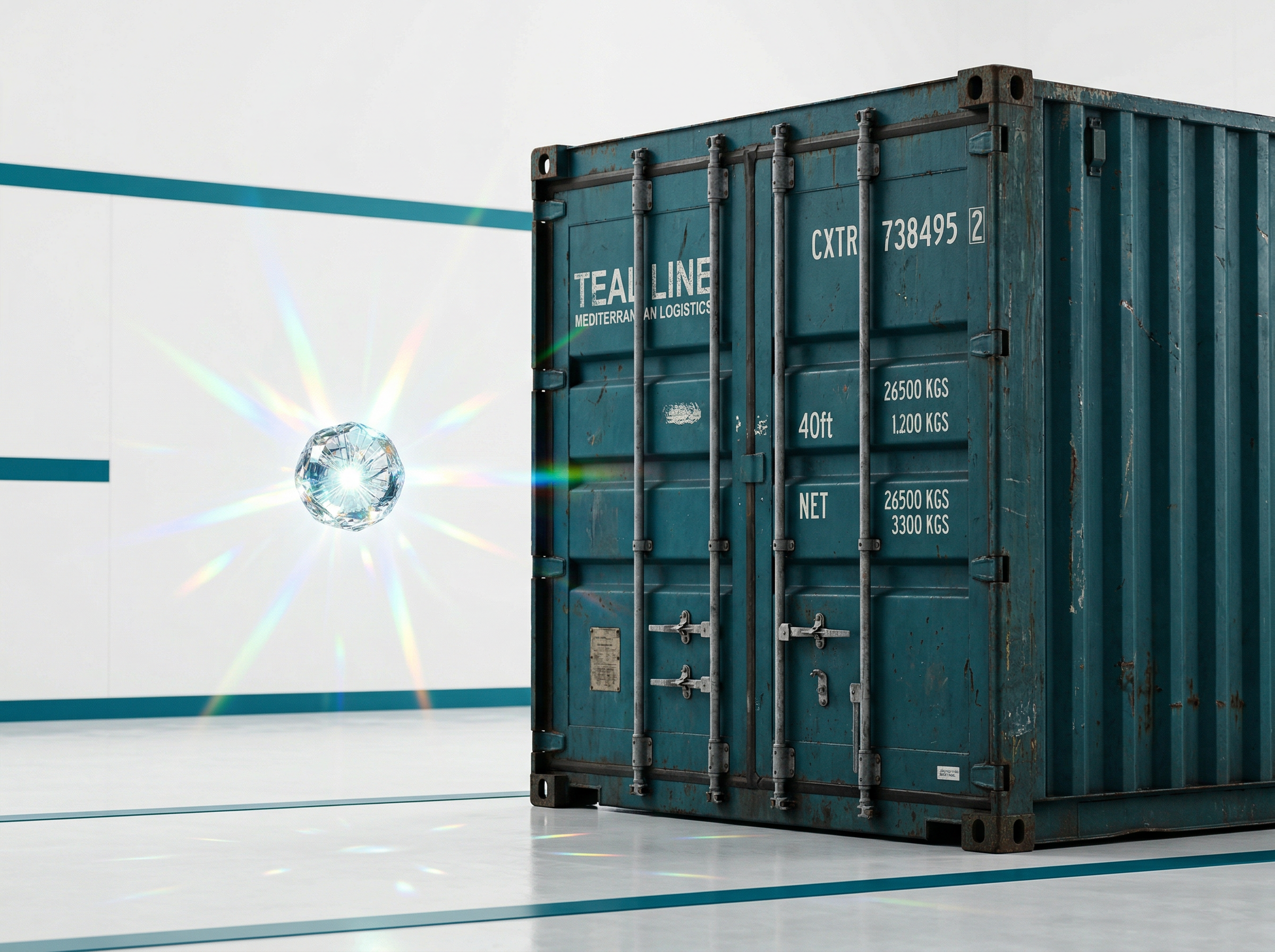 A tiny crystalline orb floating next to a massive shipping container, showing dramatic scale contrast