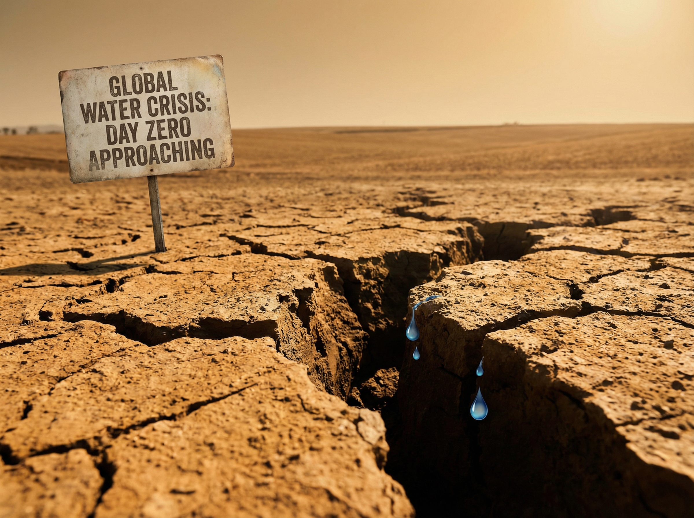 Cracked dry earth with water disappearing into fissures