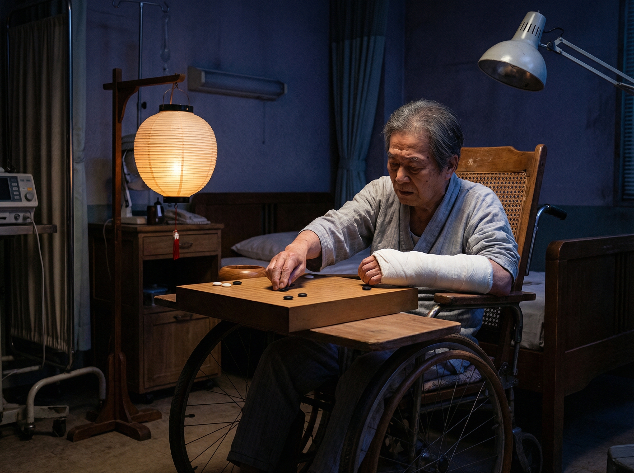 Wheelchair with Go board, arm in cast reaching toward board