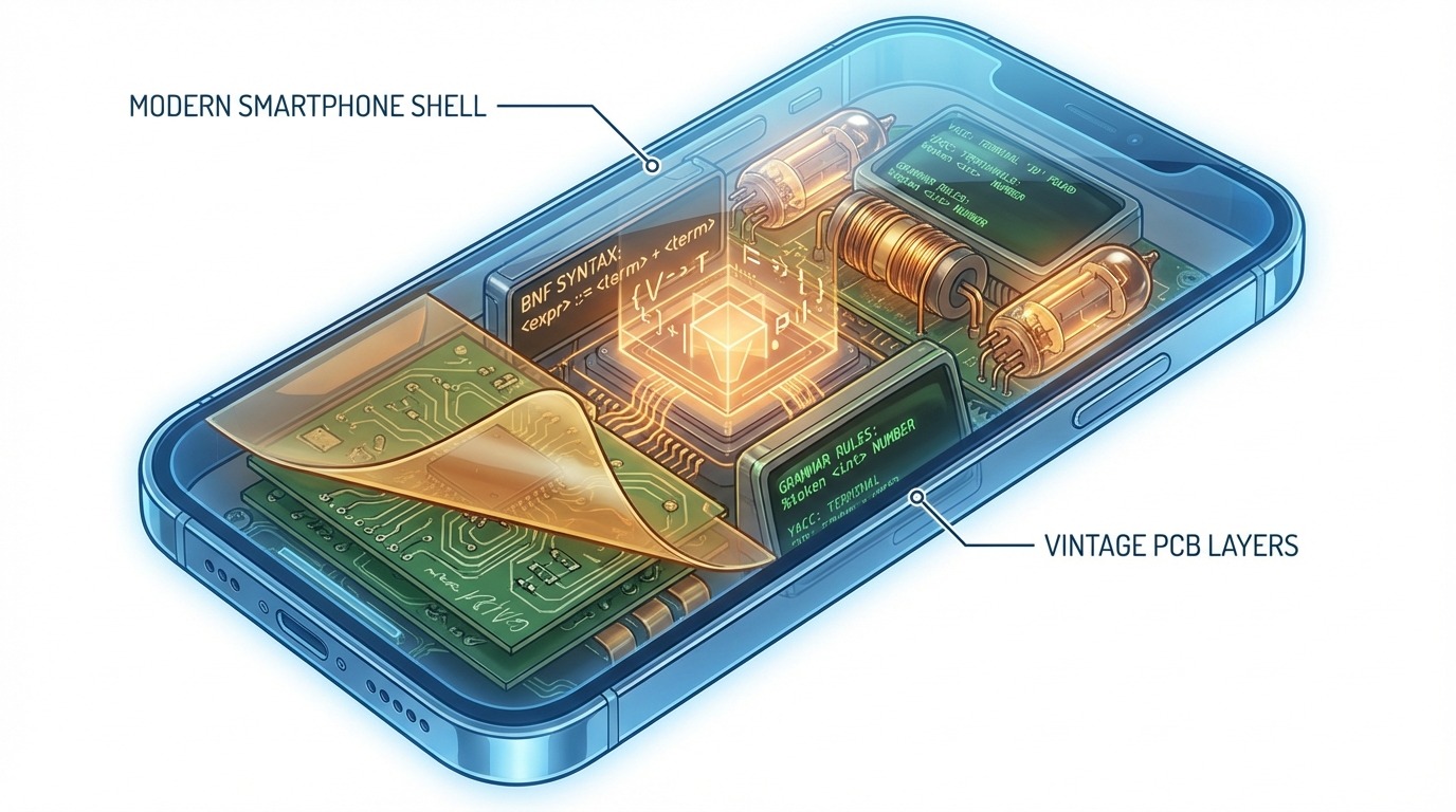 X-ray vision of a modern smartphone revealing vintage circuit boards and terminal text with yacc grammar rules at its core