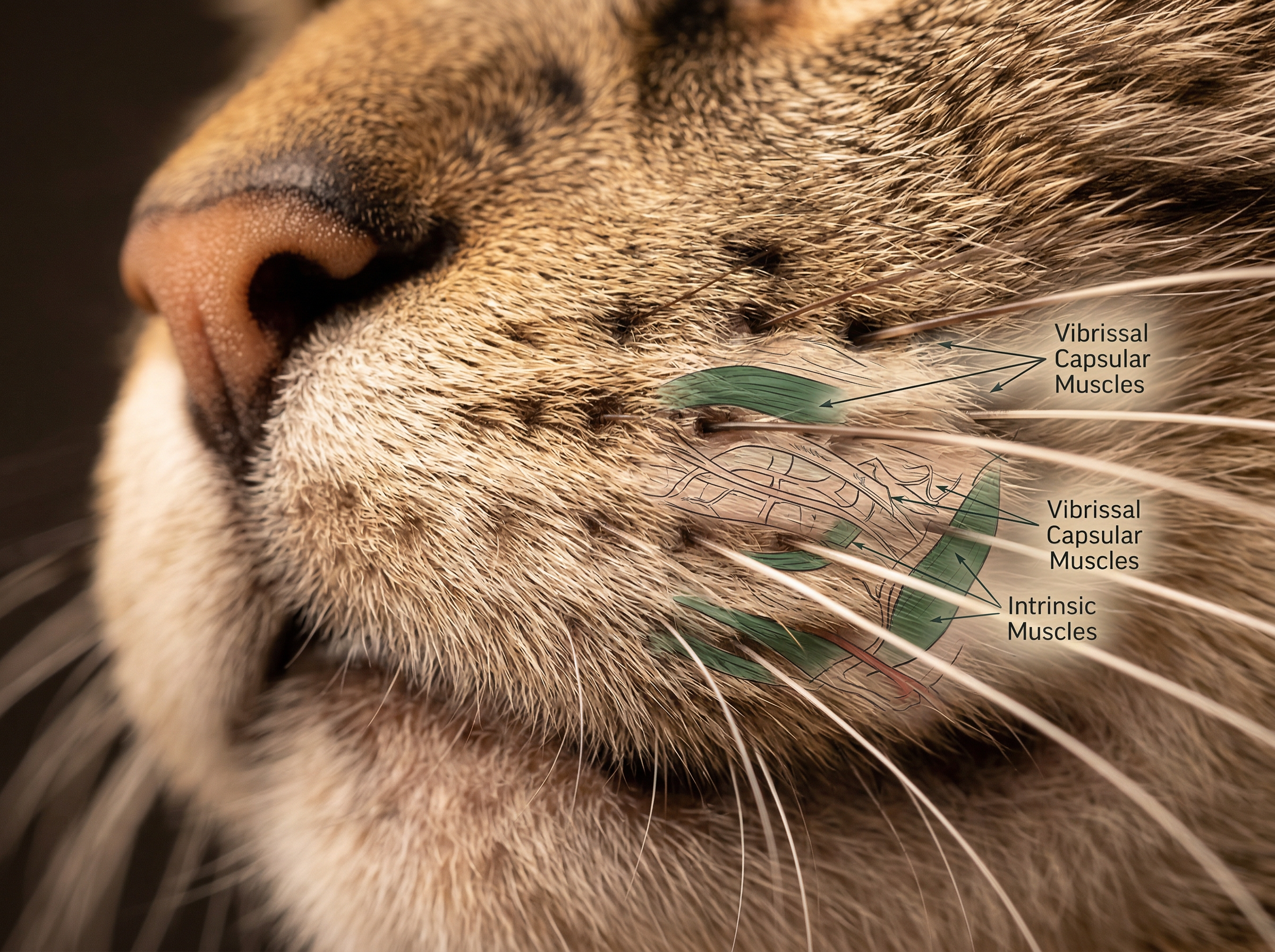 Extreme close-up of a cat's mystacial pad showing whisker arrangement and surrounding fur patterns