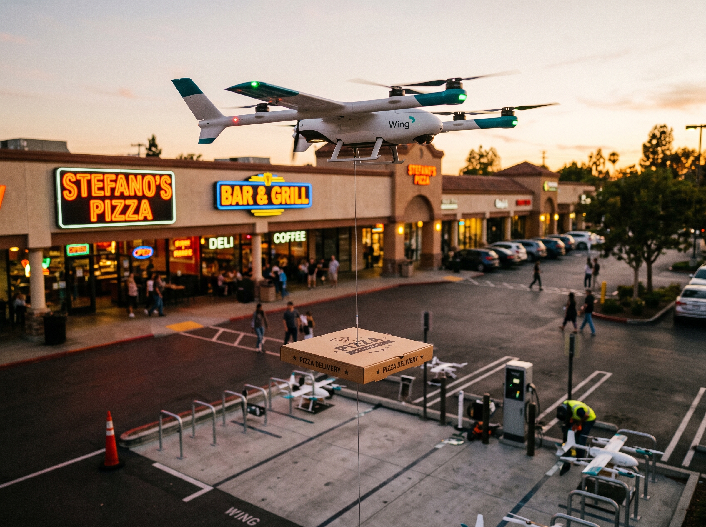 Wing drone hovering above a shopping center, lowering a pizza delivery box on a tether