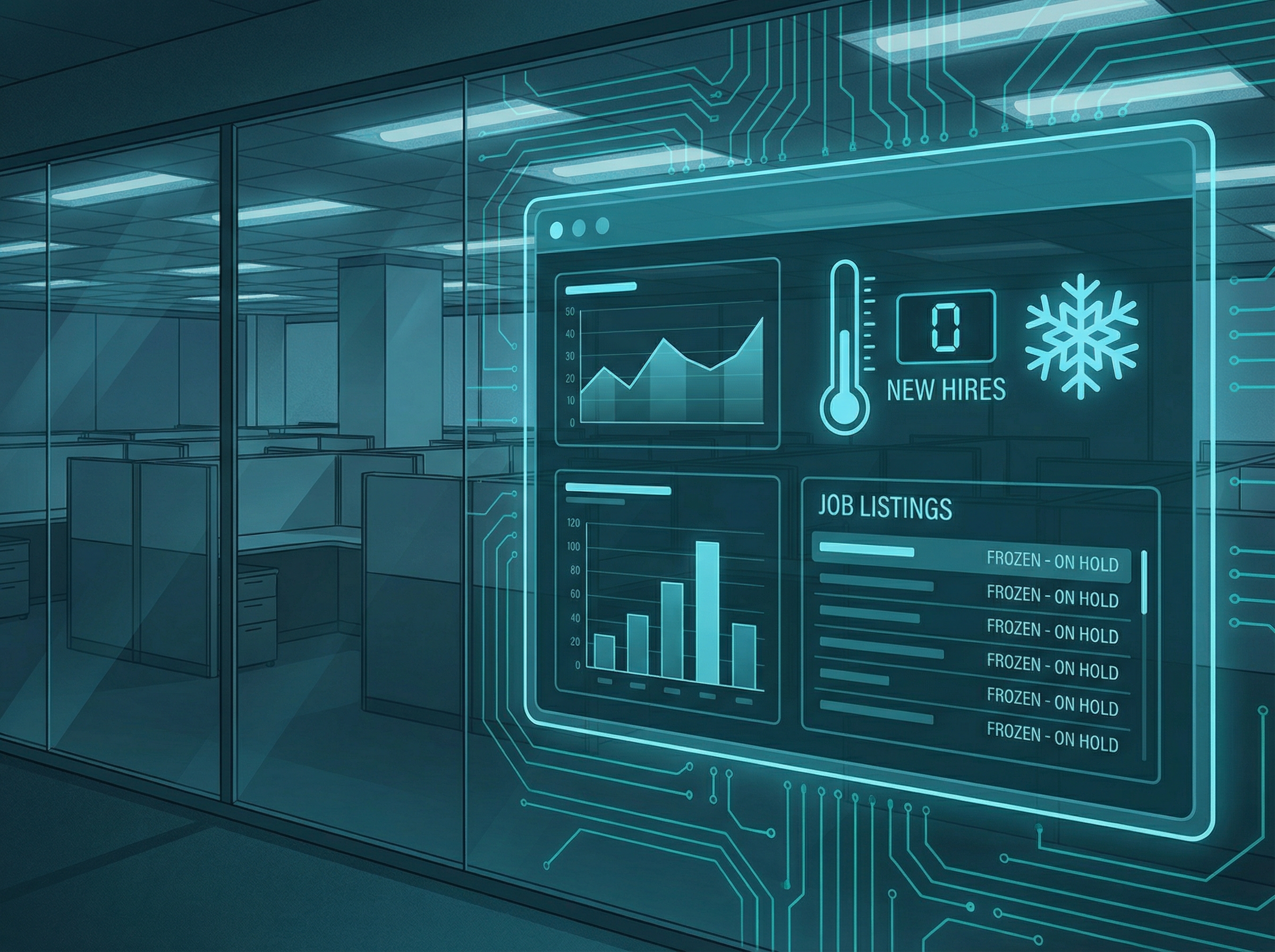 Corporate HR dashboard with frozen job listings and empty cubicles visible through glass walls
