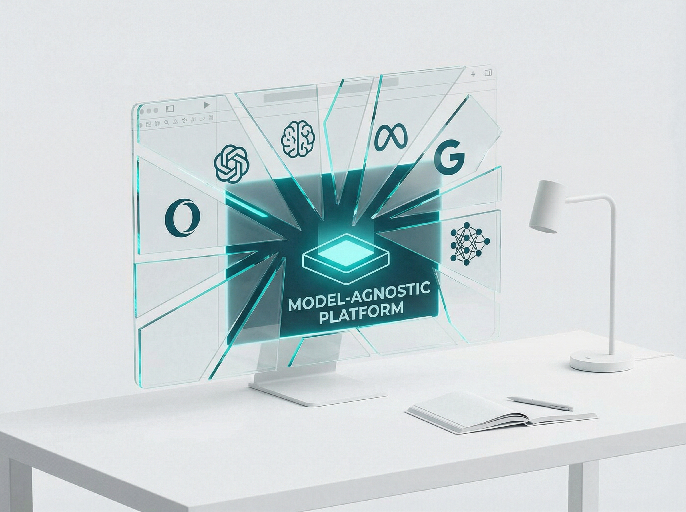 An IDE window shattered into fragments, each reflecting a different AI model, reassembling into something new