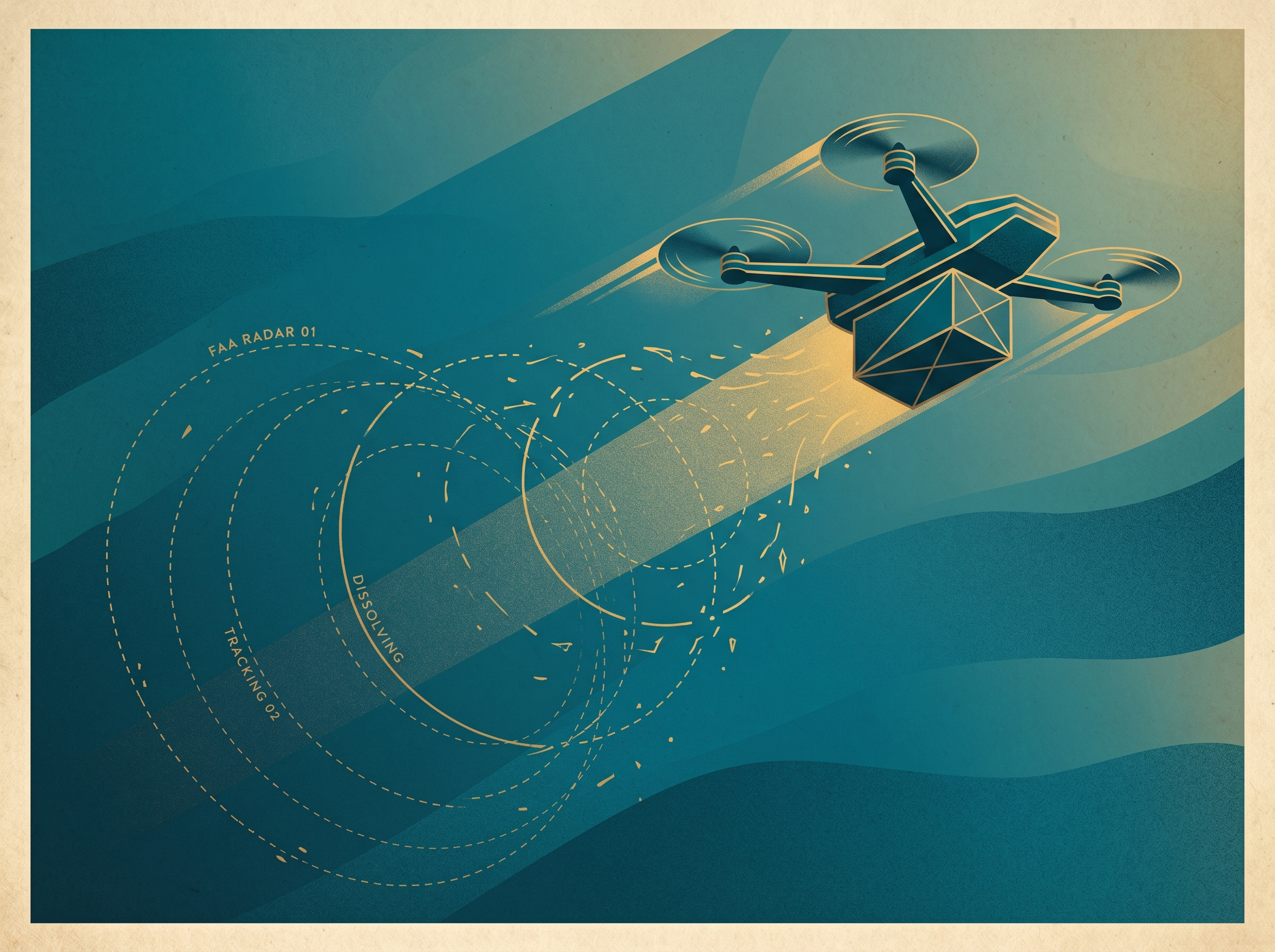 Abstract illustration of a delivery drone flying freely through open airspace without ground observers