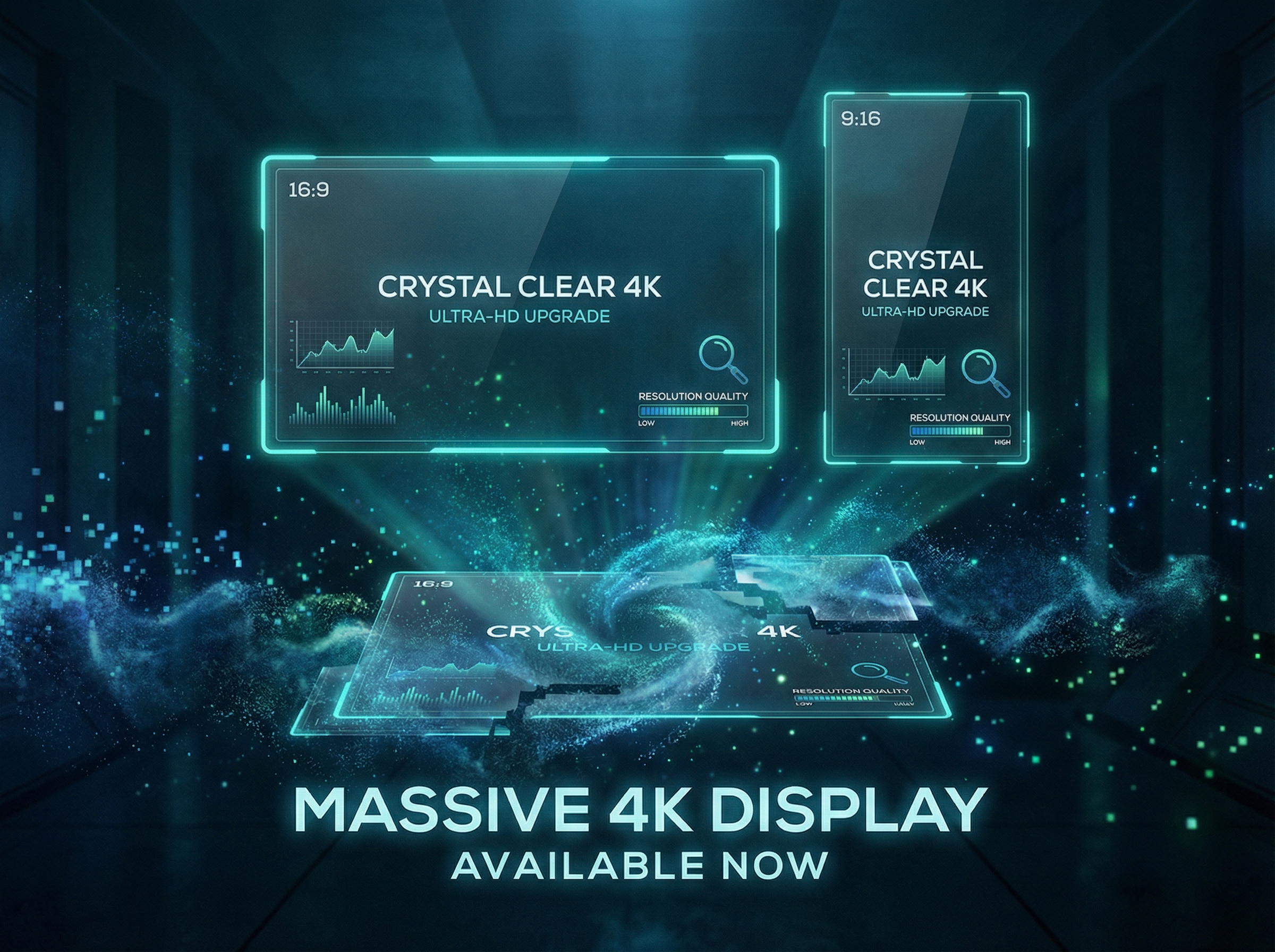 4K resolution display materializing with holographic aspect ratio rectangles