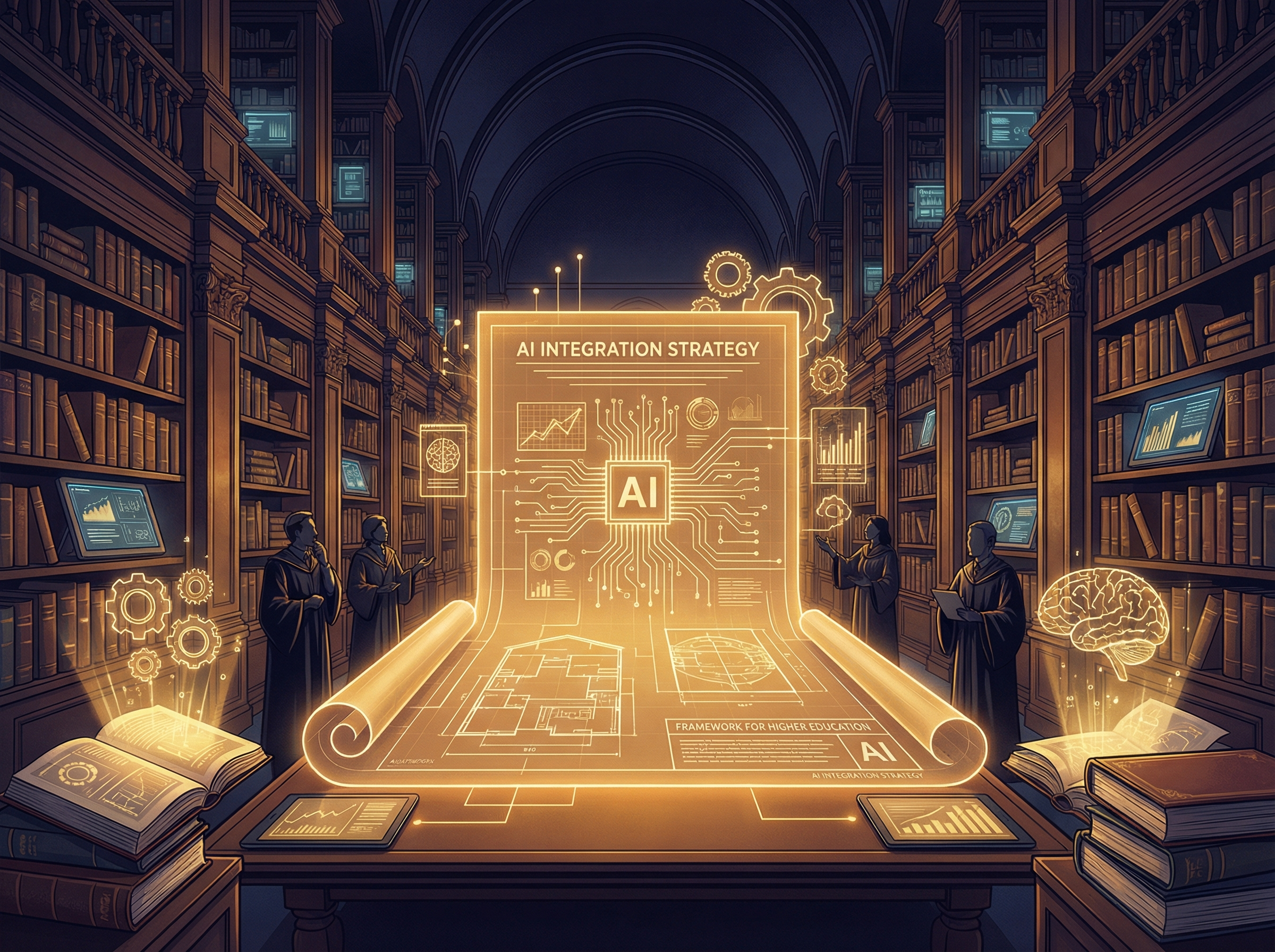 Editorial illustration of a university library with an architectural blueprint showing AI circuitry patterns, glowing with amber light