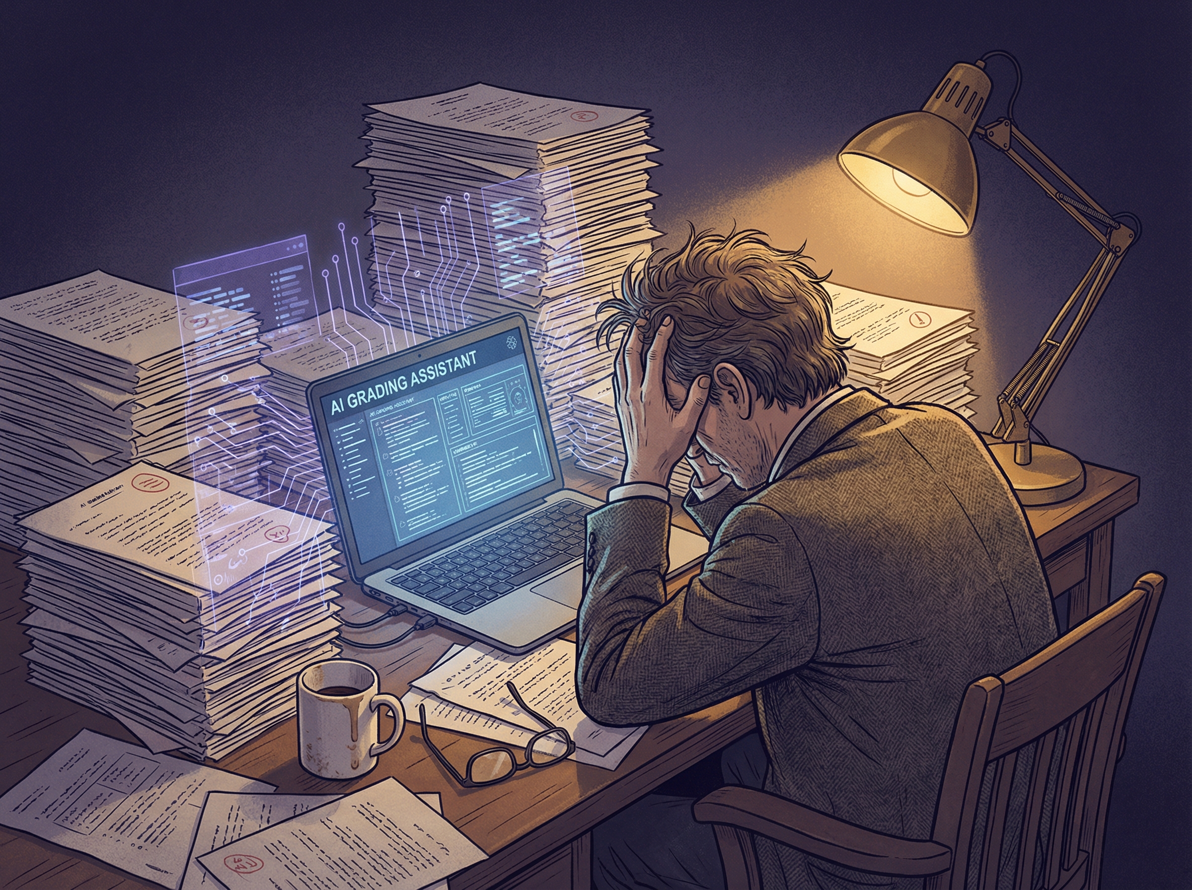 Exhausted professor at desk surrounded by papers, laptop glowing with AI interface, head in hands