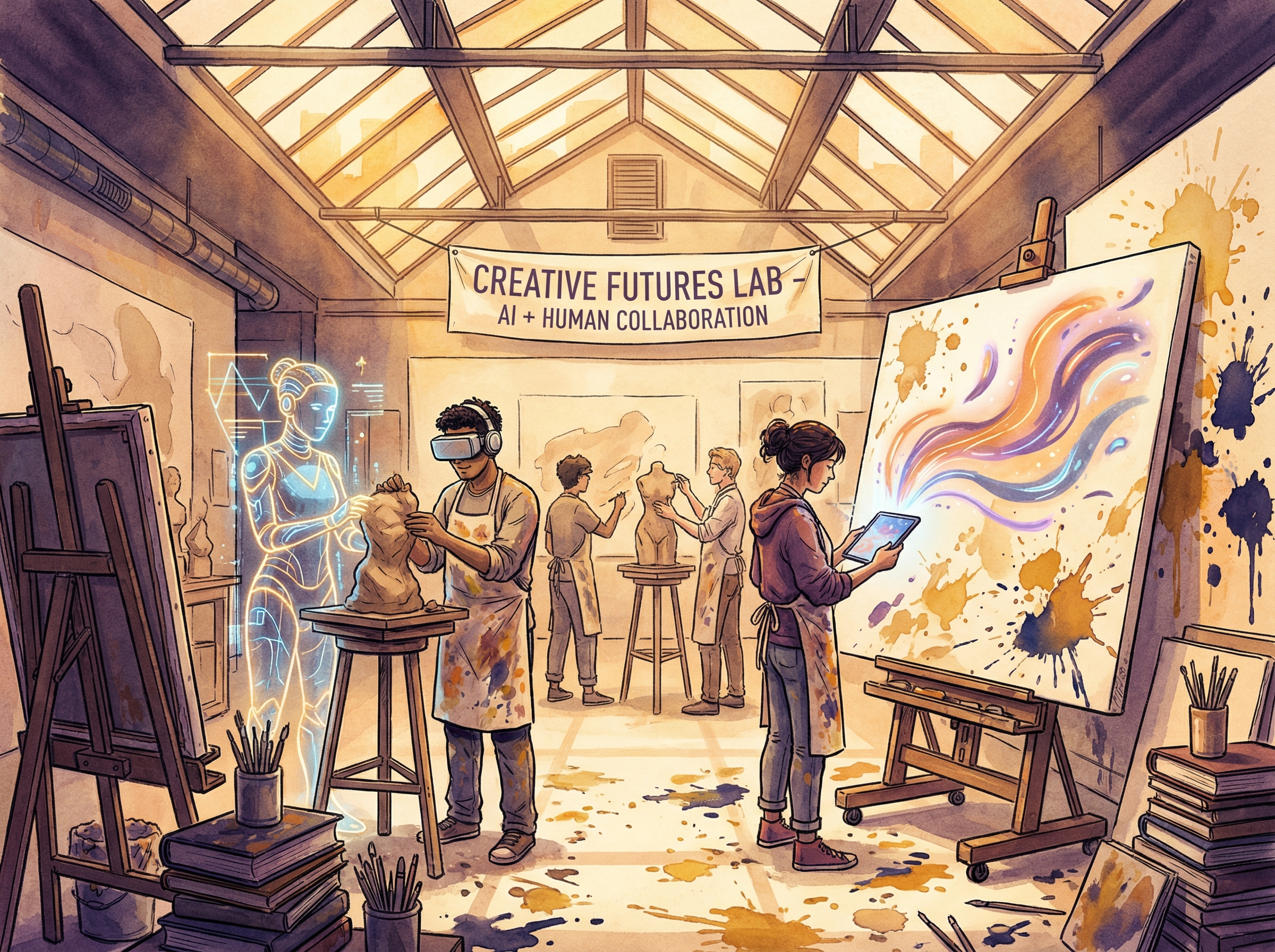 University creative arts studio where students and AI tools collaborate, colorful paint mixed with digital brushstrokes