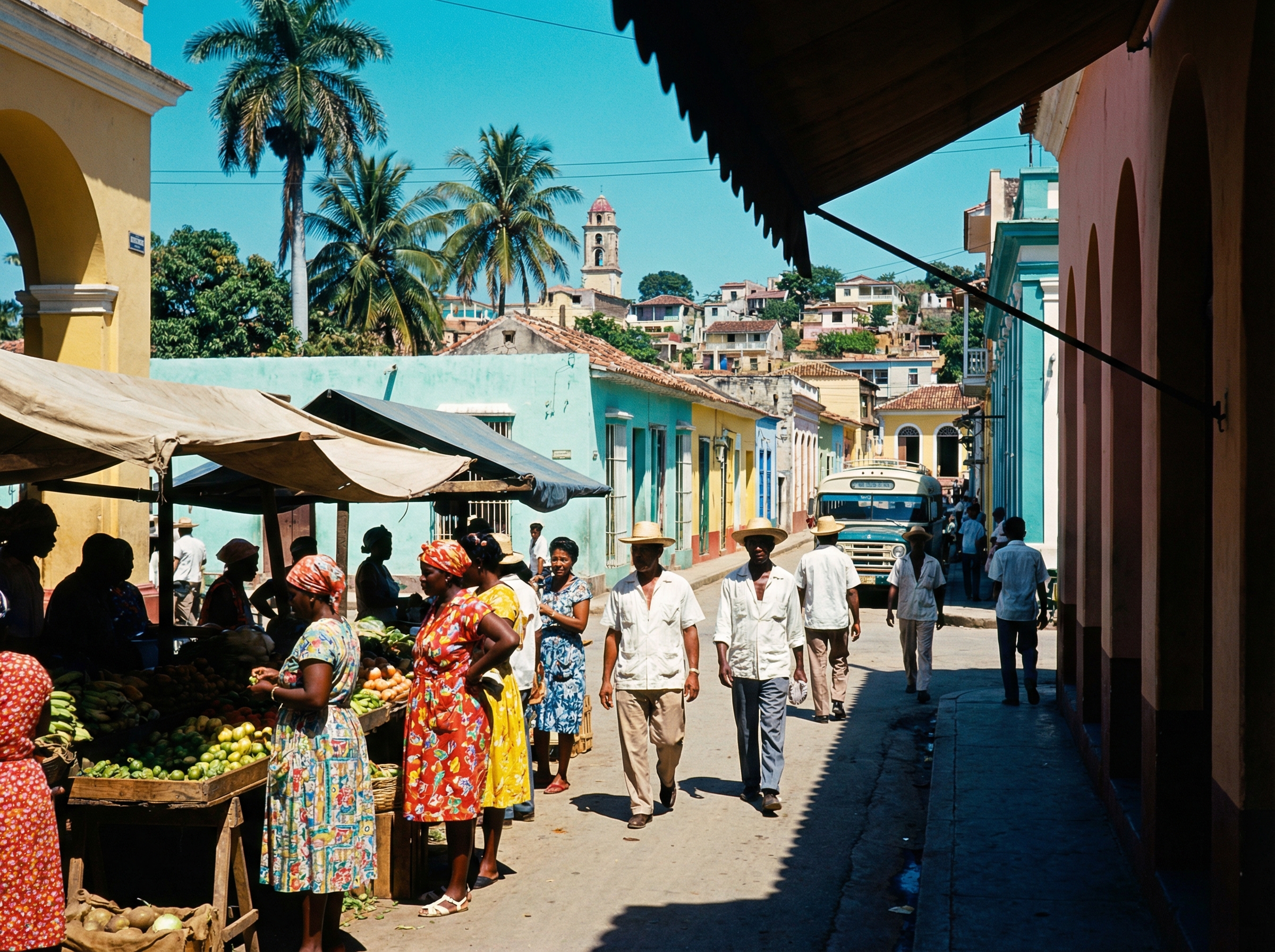 Complex layered composition in tropical sunlight with multiple figures and vibrant saturated colors