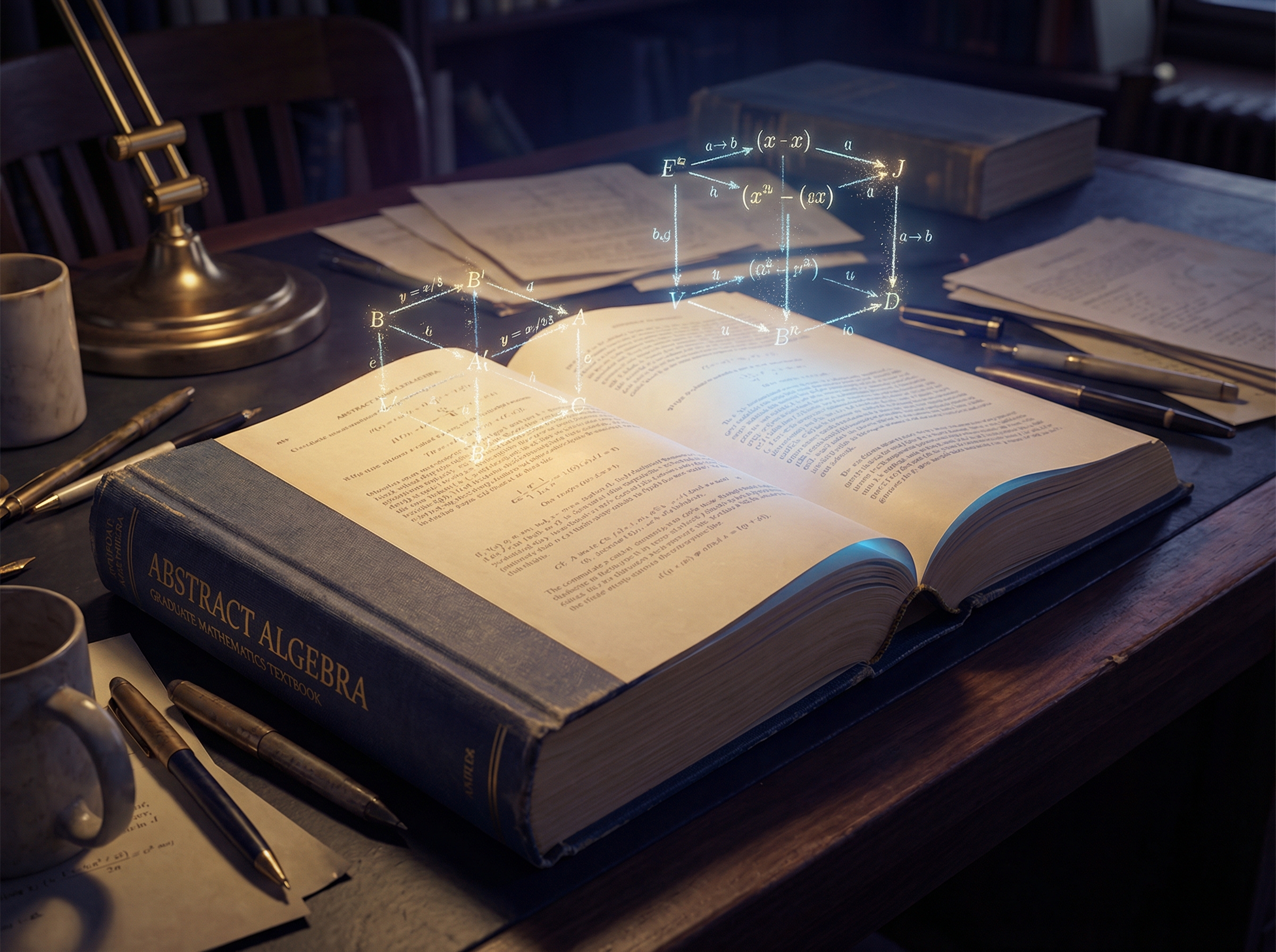 A glowing graduate mathematics textbook open to abstract algebra, with equations rising off the page as three-dimensional commutative diagrams