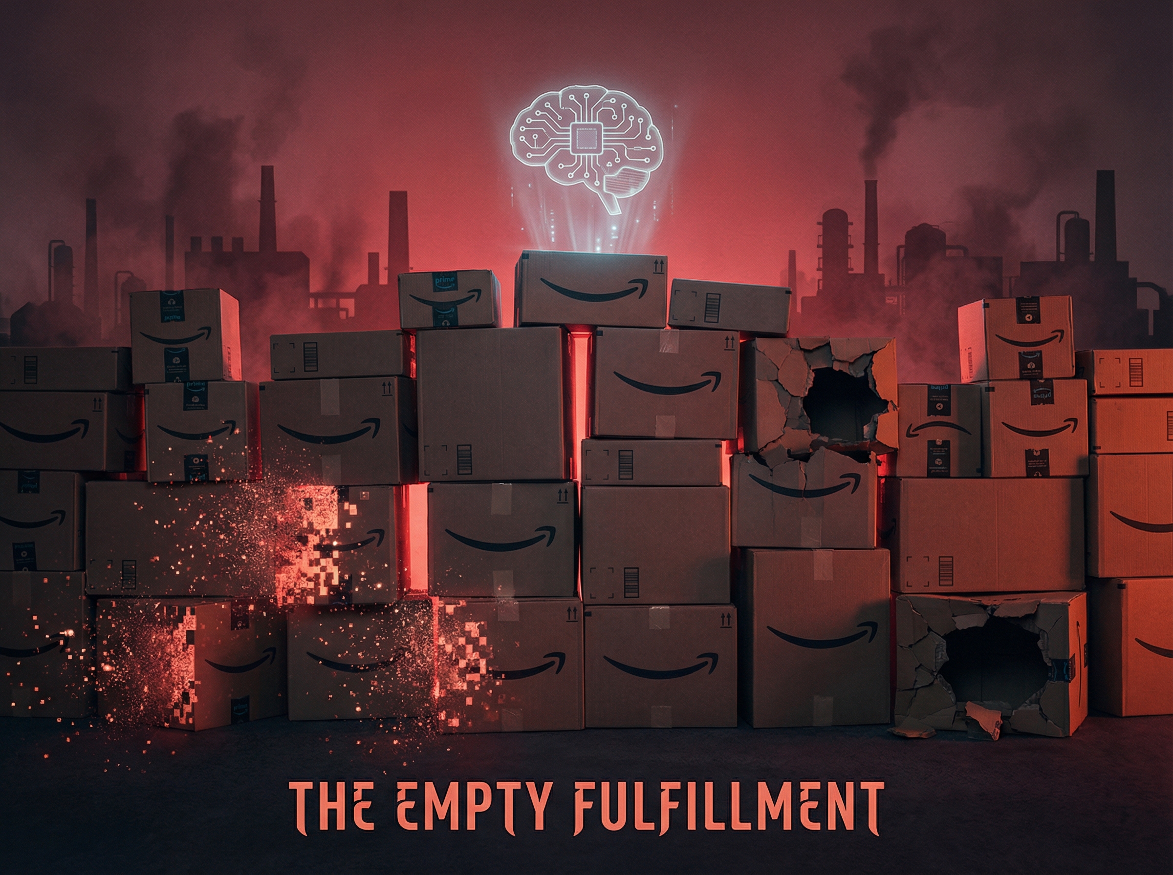 Amazon boxes stacked into a wall with AI brain hologram, some dissolving into digital particles