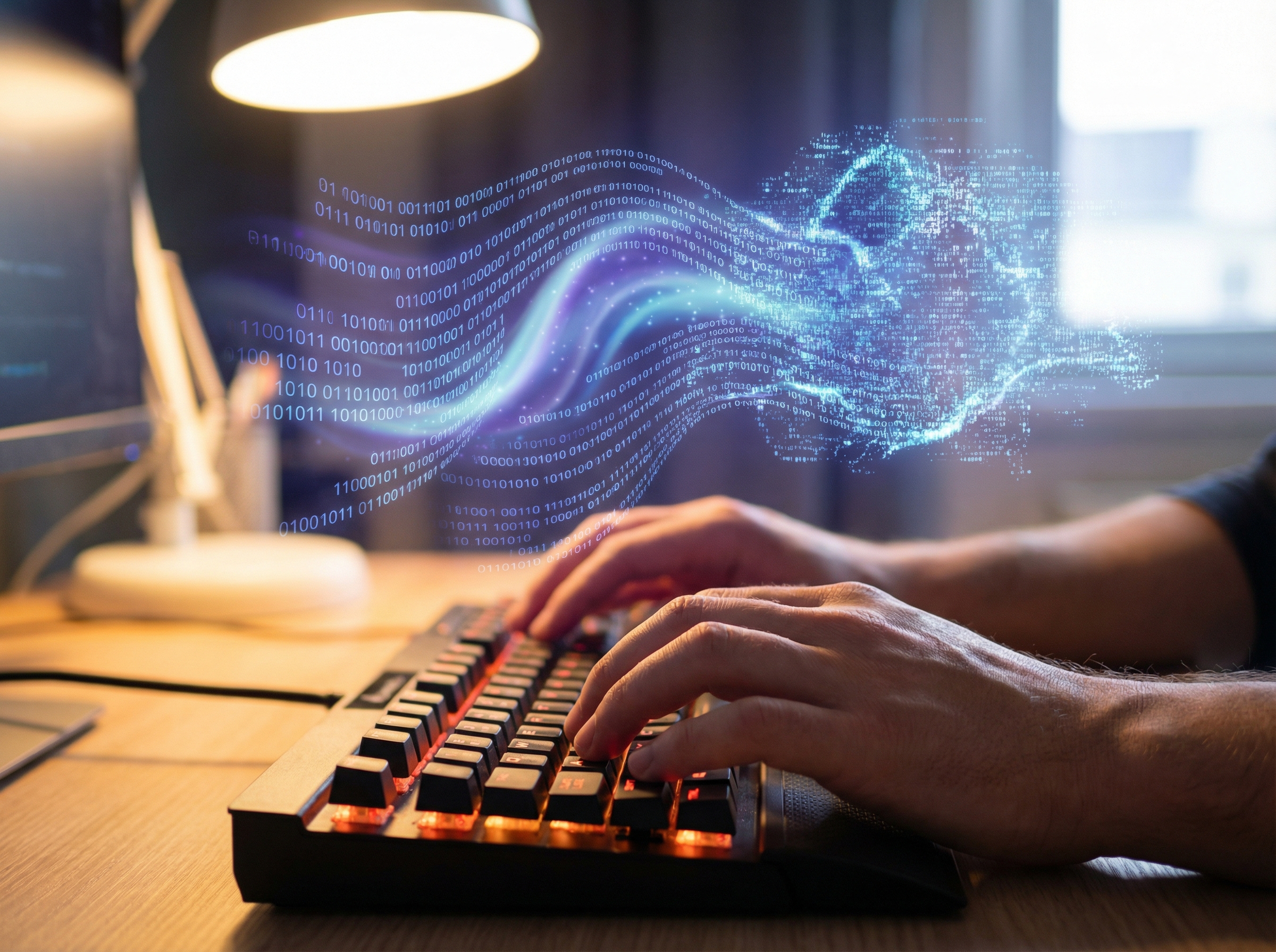 Software engineer's hands hovering over keyboard while AI-generated code streams above like digital aurora