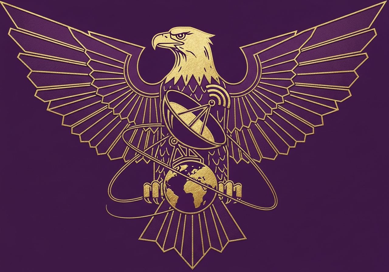 Art deco American eagle motif with satellite dish beaming signal around globe, gold leaf texture on deep purple