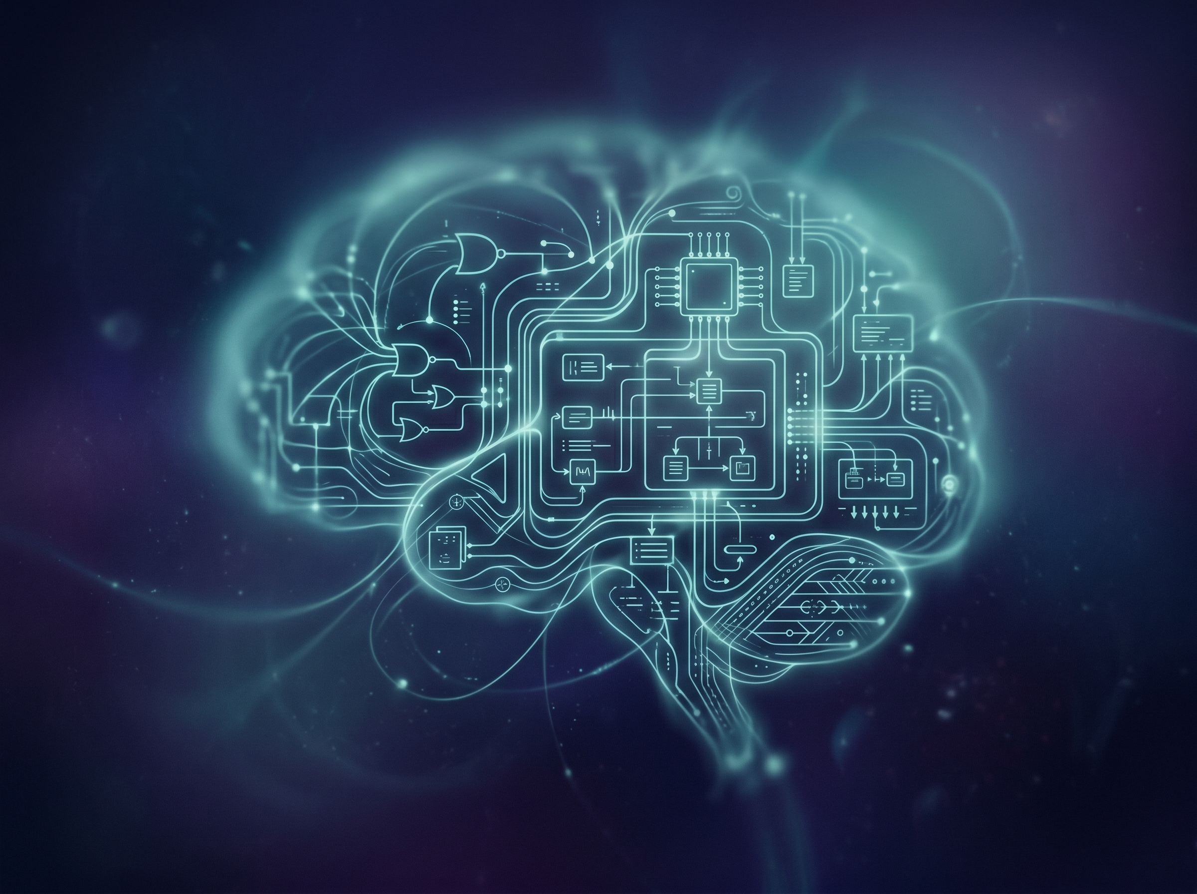 An abstract visualization of an AI mind dreaming about code architecture with luminous neural pathways