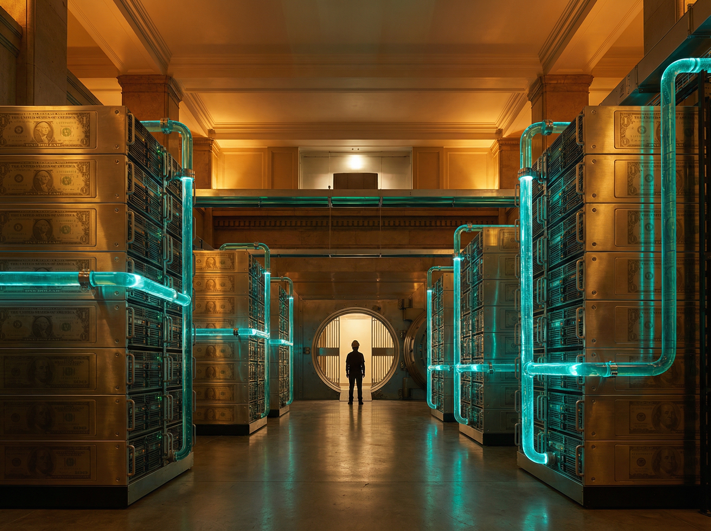 GPU server racks arranged like gold ingots in a modern bank vault with teal cooling lines, a single figure silhouetted at the entrance dwarfed by compute infrastructure