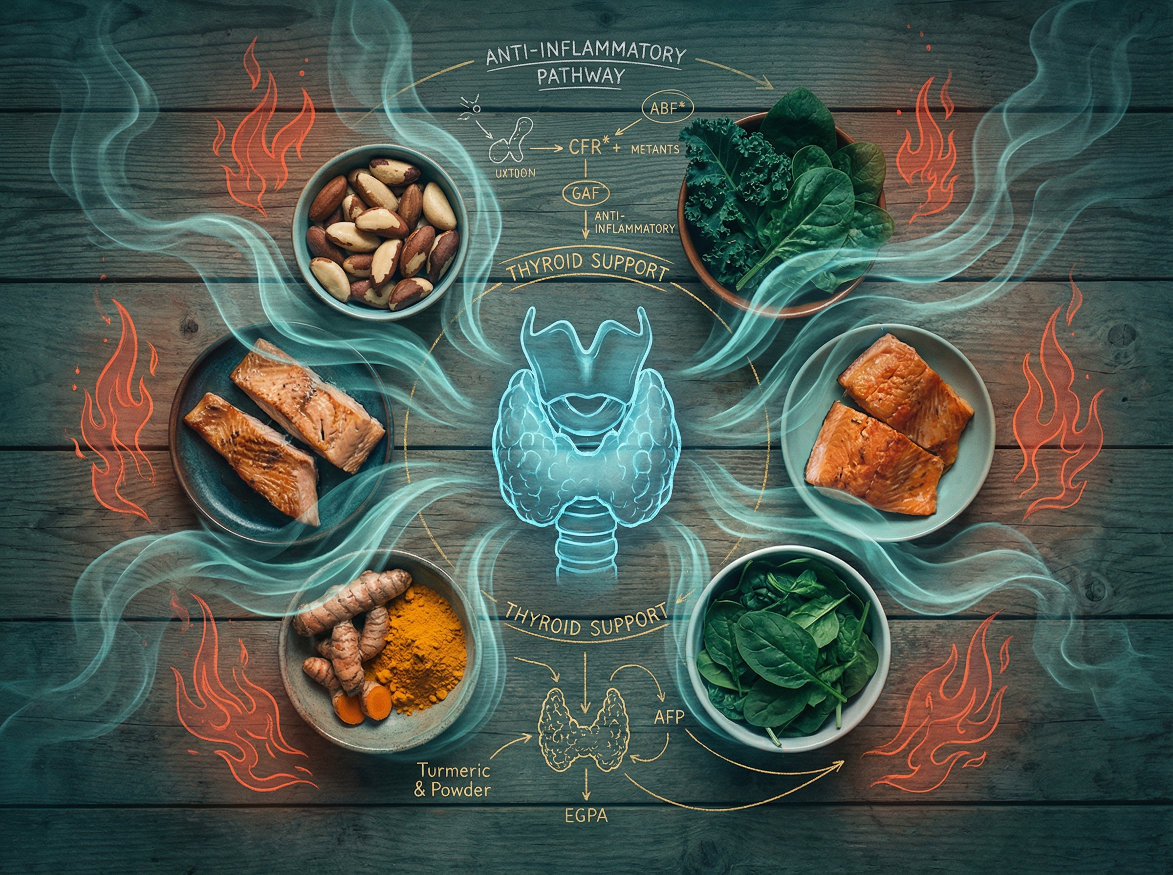 Anti-inflammatory foods arranged around a calm thyroid gland with receding inflammation