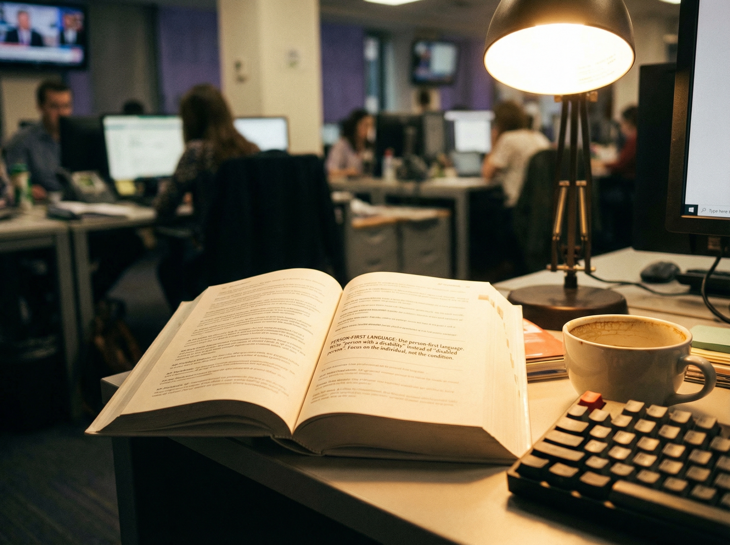 AP Stylebook open on newsroom desk with highlighted text