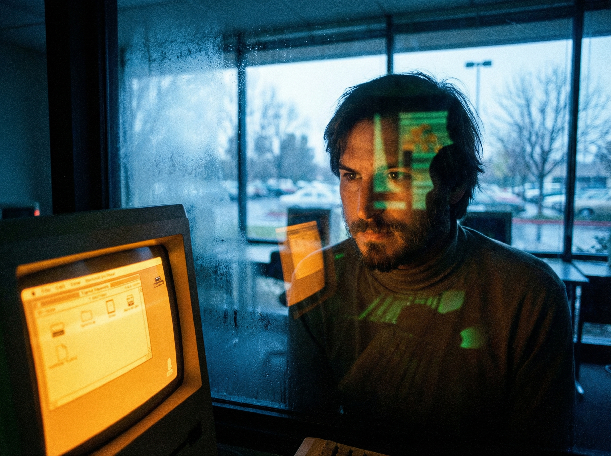 Young Steve Jobs watching a computer demonstration through glass, his reflection overlapping with glowing GUI on screen