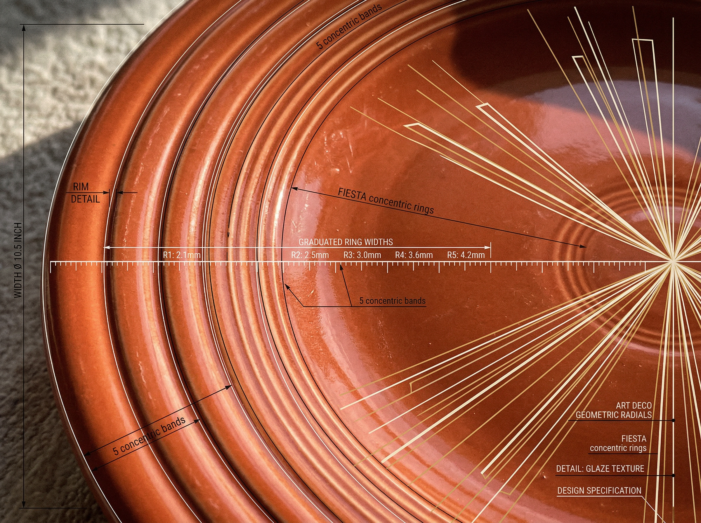 Close-up of Fiesta dinnerware concentric ring pattern with dramatic side lighting revealing graduated ring widths