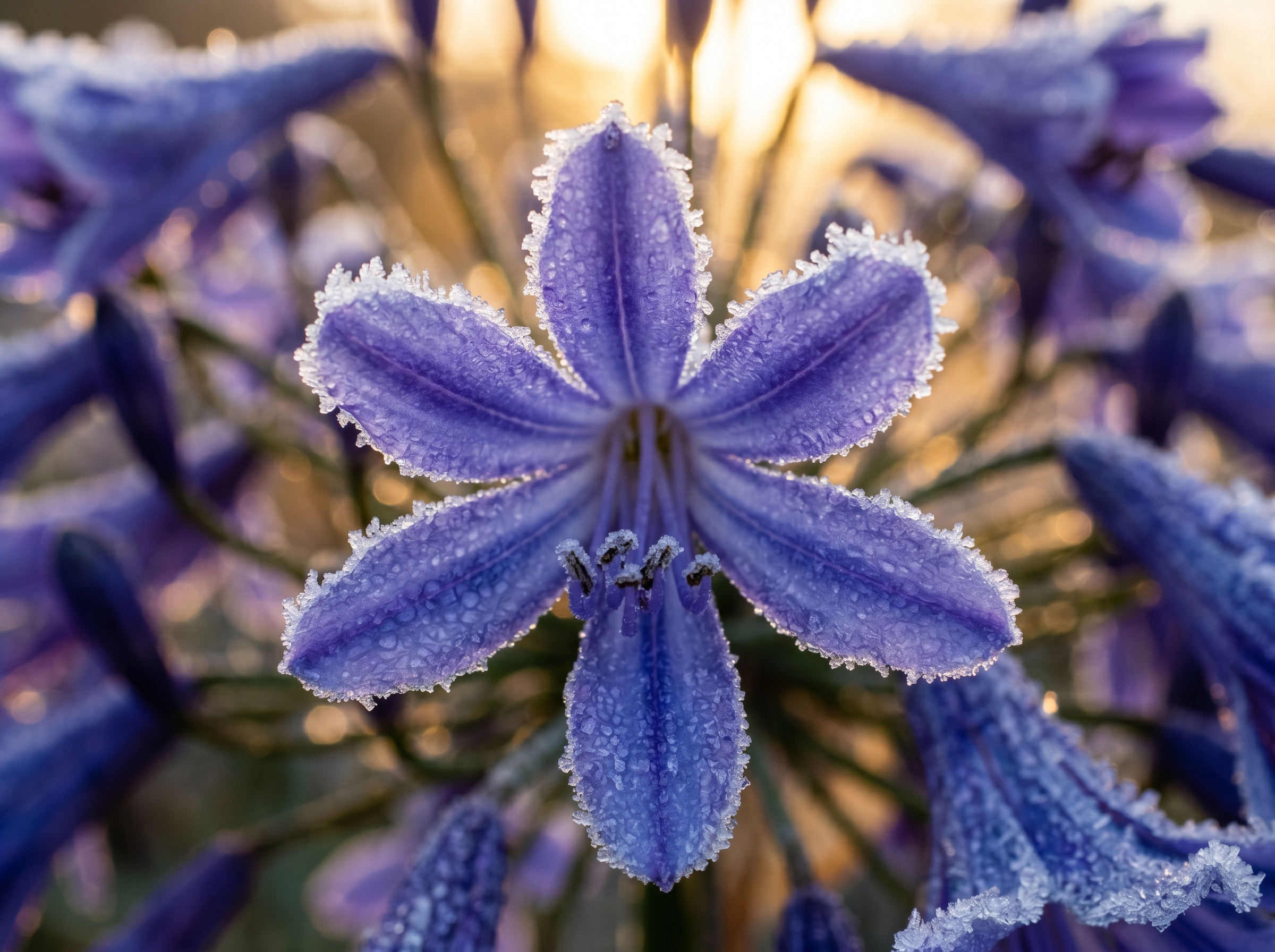 Resilient agapanthus flowers blooming through frost crystals at dawn
