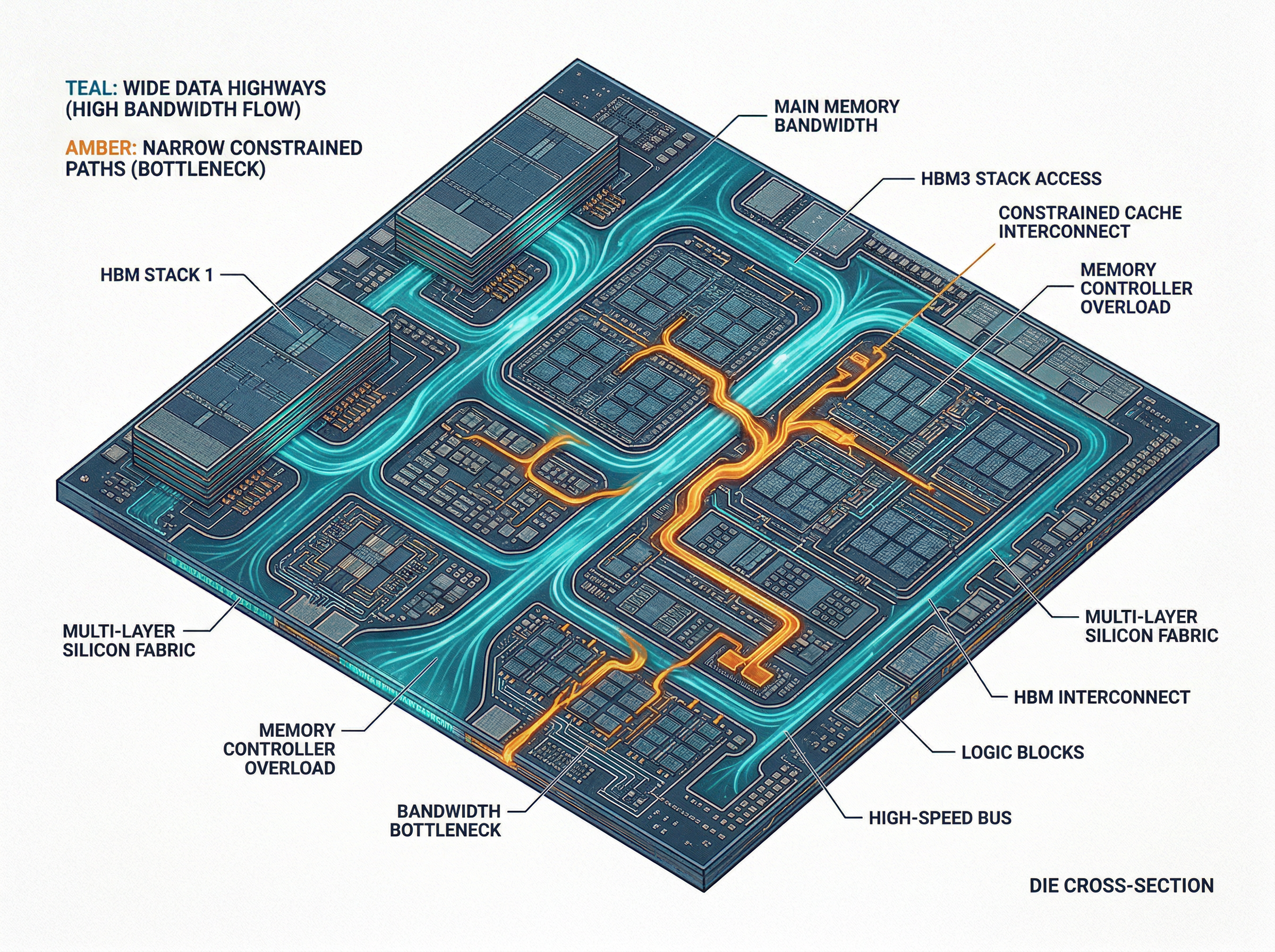 Cross-section of a silicon chip showing wide data highways flowing through memory architecture, contrasting narrow bottleneck paths