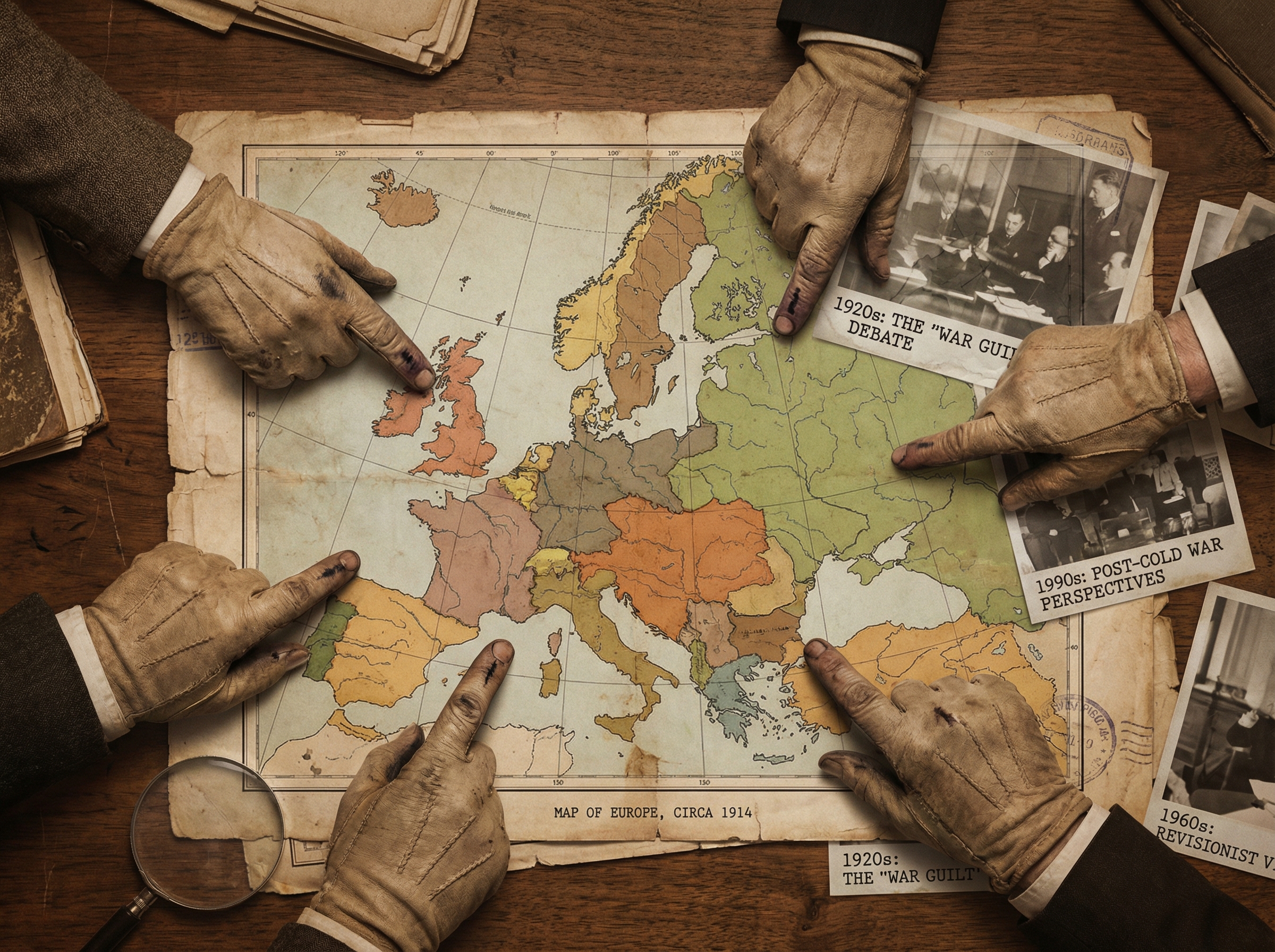 Historians' hands reaching across a century pointing at different nations on an antique map