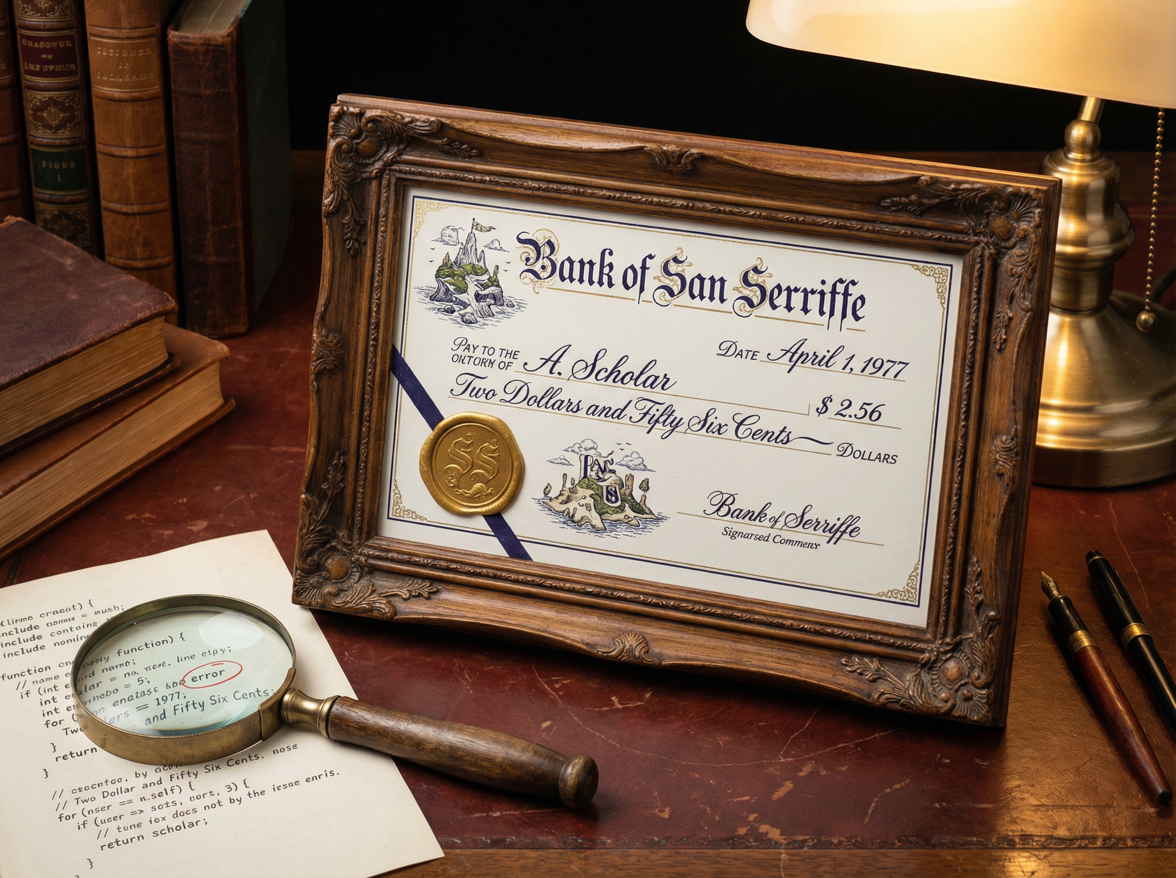 Whimsical framed check from the Bank of San Serriffe for $2.56 on a mahogany desk next to a magnifying glass examining code