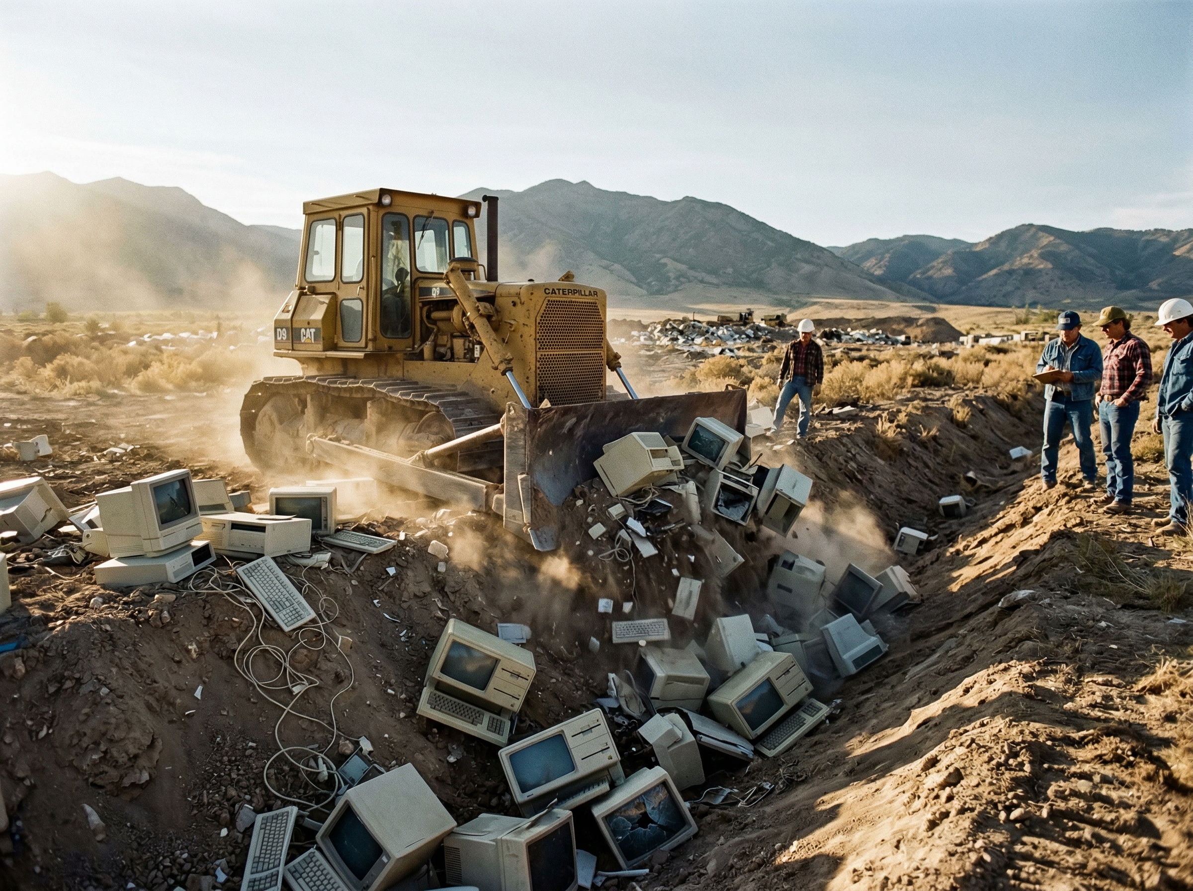 A bulldozer crushing vintage beige computers in a desert landfill, dust clouds rising, dramatic late afternoon sunlight casting long shadows