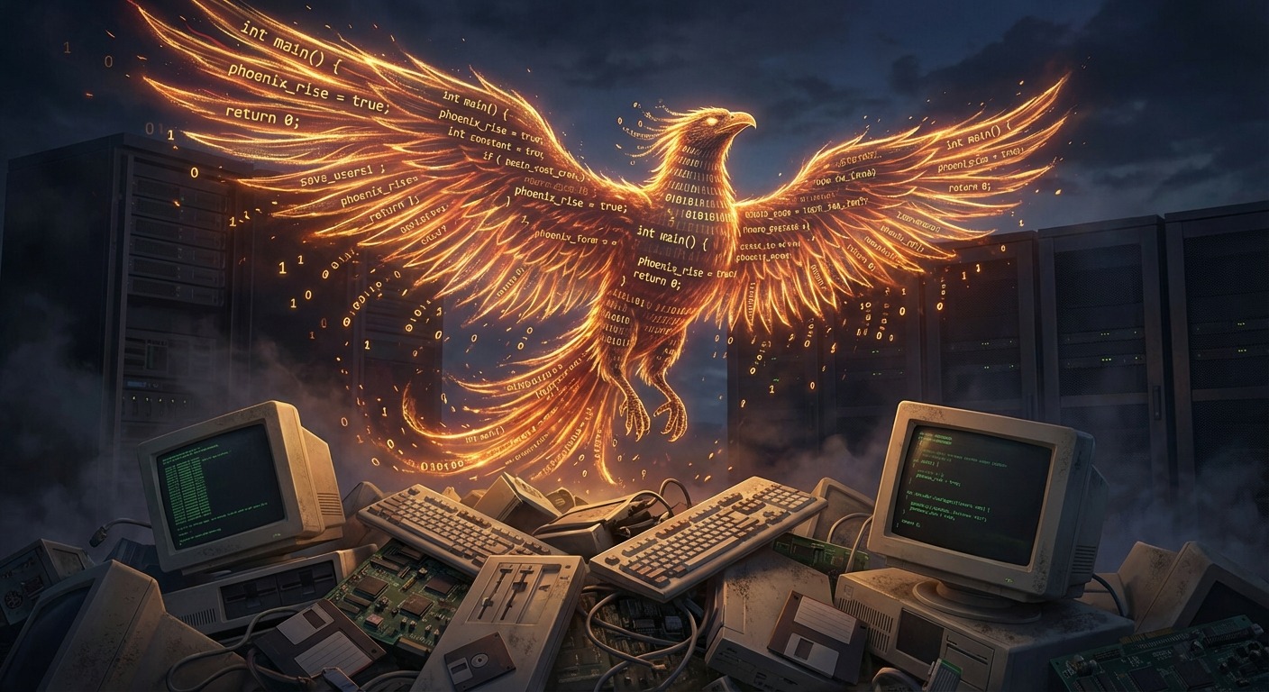 A phoenix rising from vintage computer hardware, formed from streams of source code