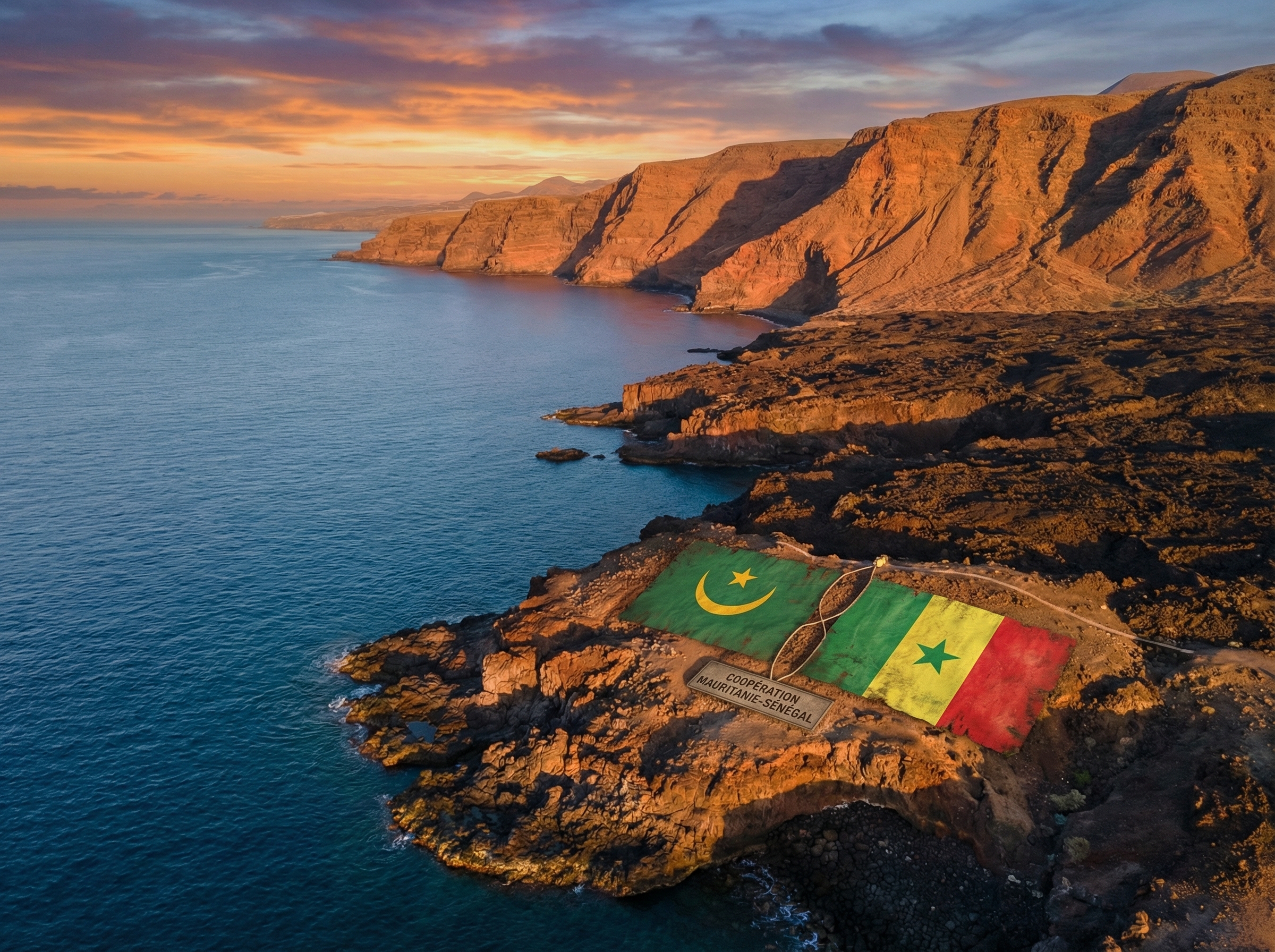 Aerial view of volcanic Canary Islands coastline at sunset