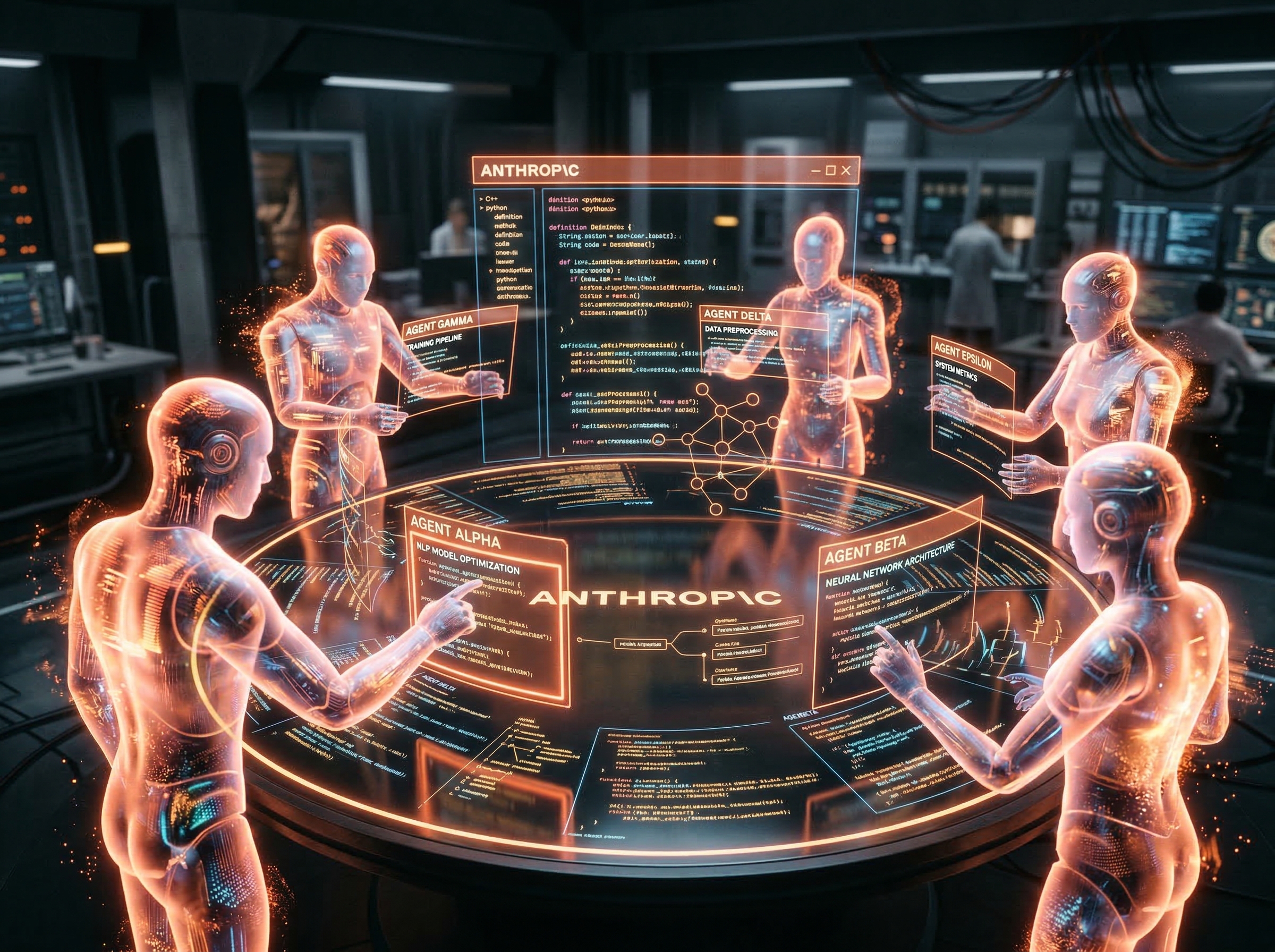 Multiple AI agents collaborating around a holographic table reviewing code