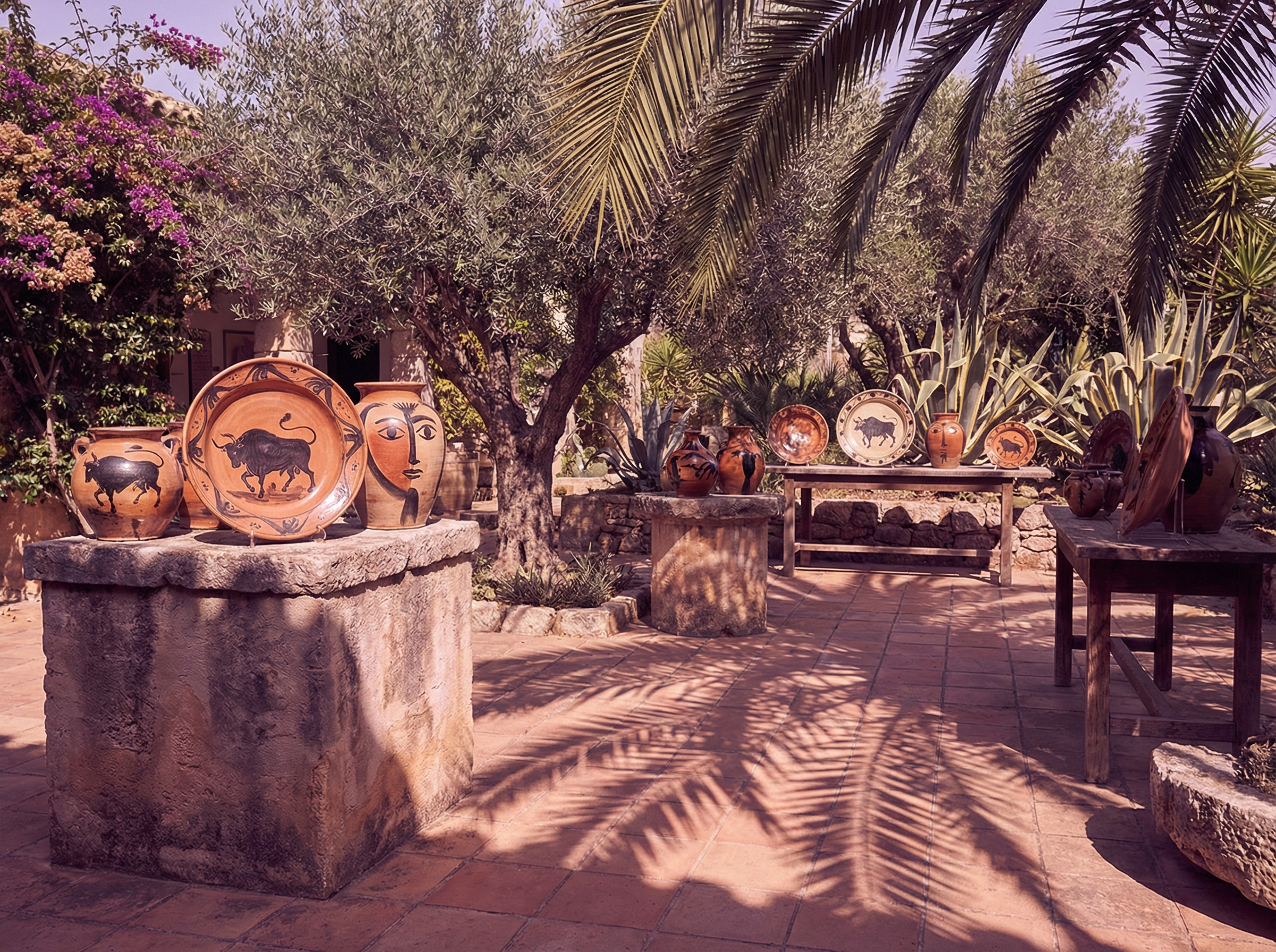 Picasso ceramic plates and vases displayed in sunlit garden with Mediterranean plants