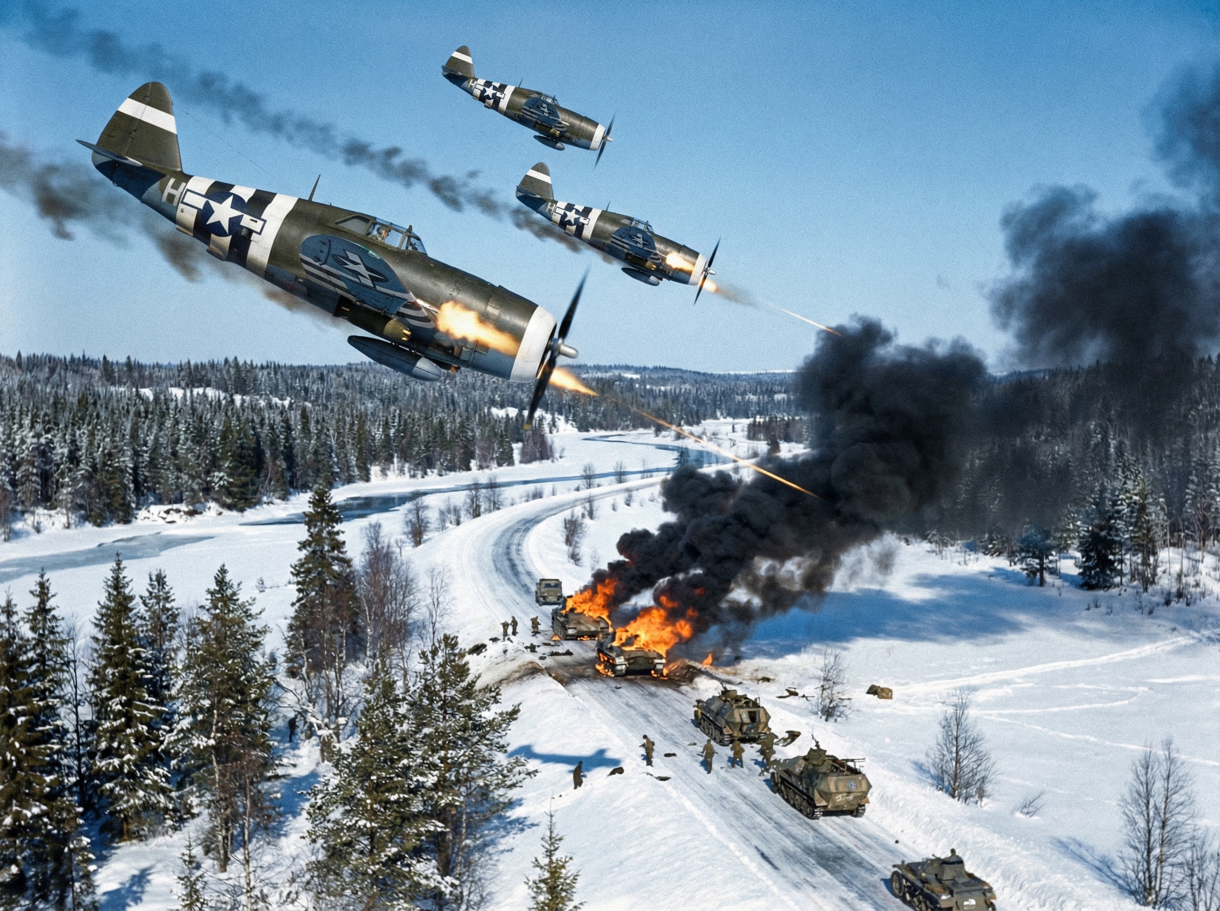 P-47 Thunderbolts diving through clear blue sky, strafing a burning German panzer column on a snowy road