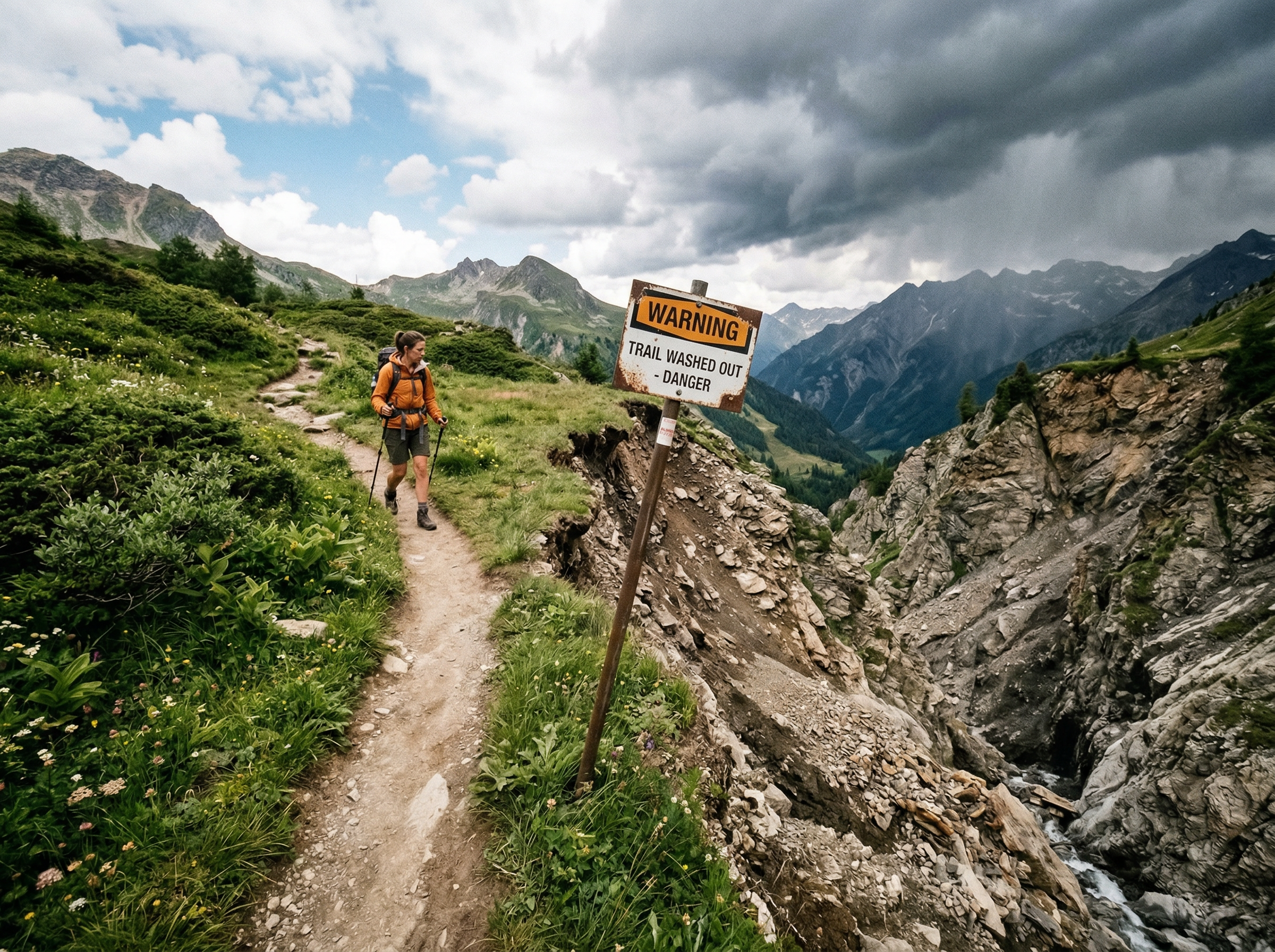 Mountain trail split by erosion, one side green and intact, the other crumbling into a ravine