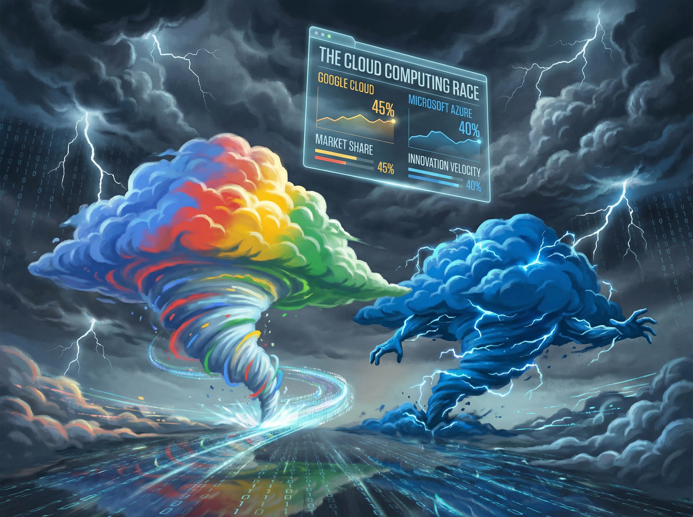 Two massive cloud structures racing in digital sky with Google slightly ahead of Microsoft