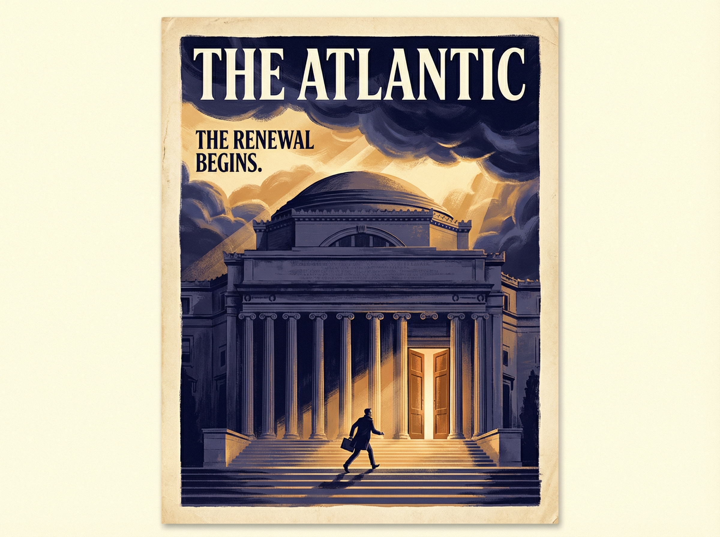 Imposing Ivy League building with classical columns, figure walking up steps toward warm light as storm clouds clear