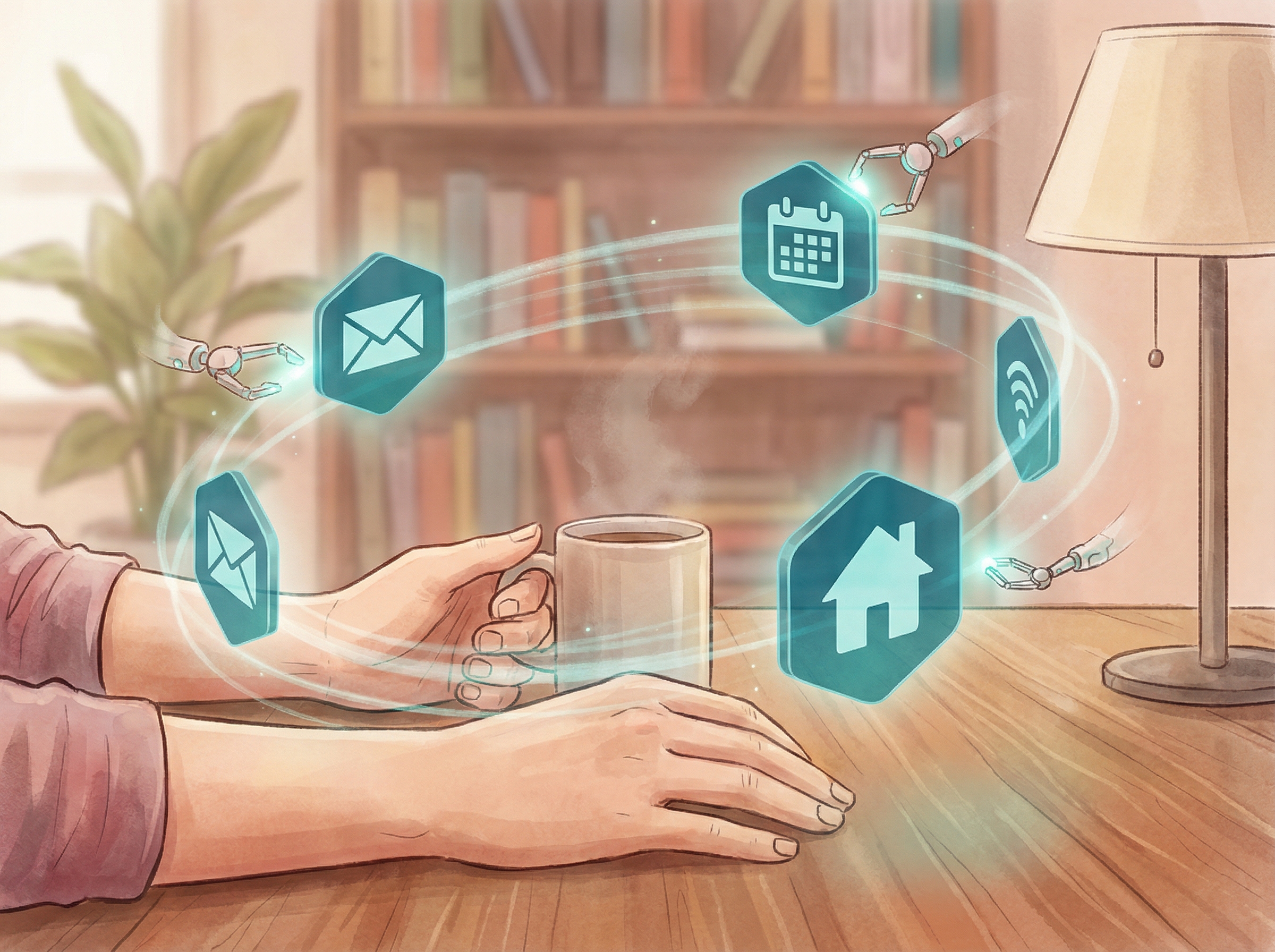 Hands resting while teal app icons orbit autonomously, robotic micro-hands completing tasks in a cozy home office