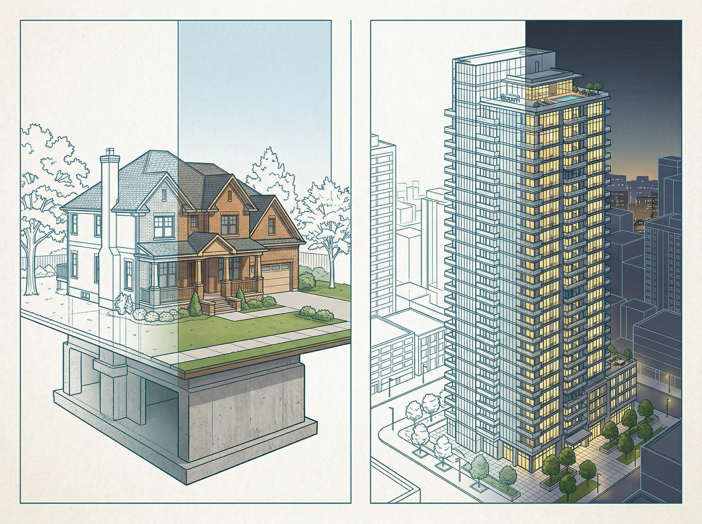 Split scene showing a heavy suburban house on the left and a sleek modern apartment building on the right, both in teal architectural wireframe