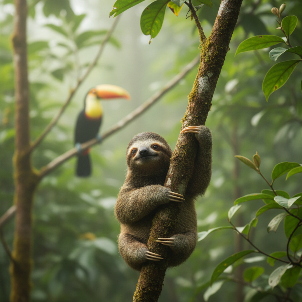 Costa Rican rainforest with sloth hanging from branch, misty morning light