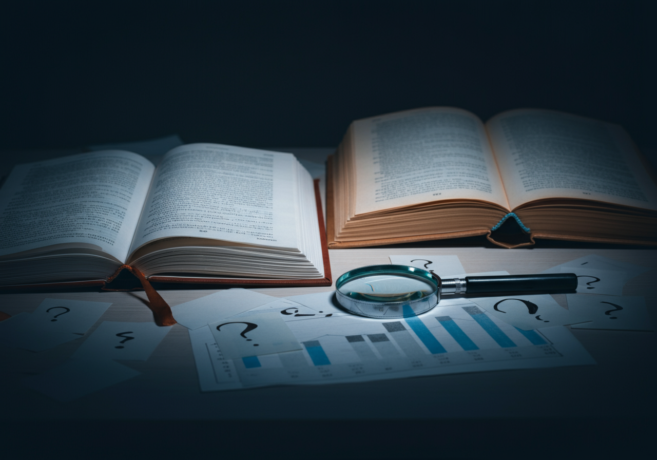 Two academic books facing each other with magnifying glass and handwritten notes