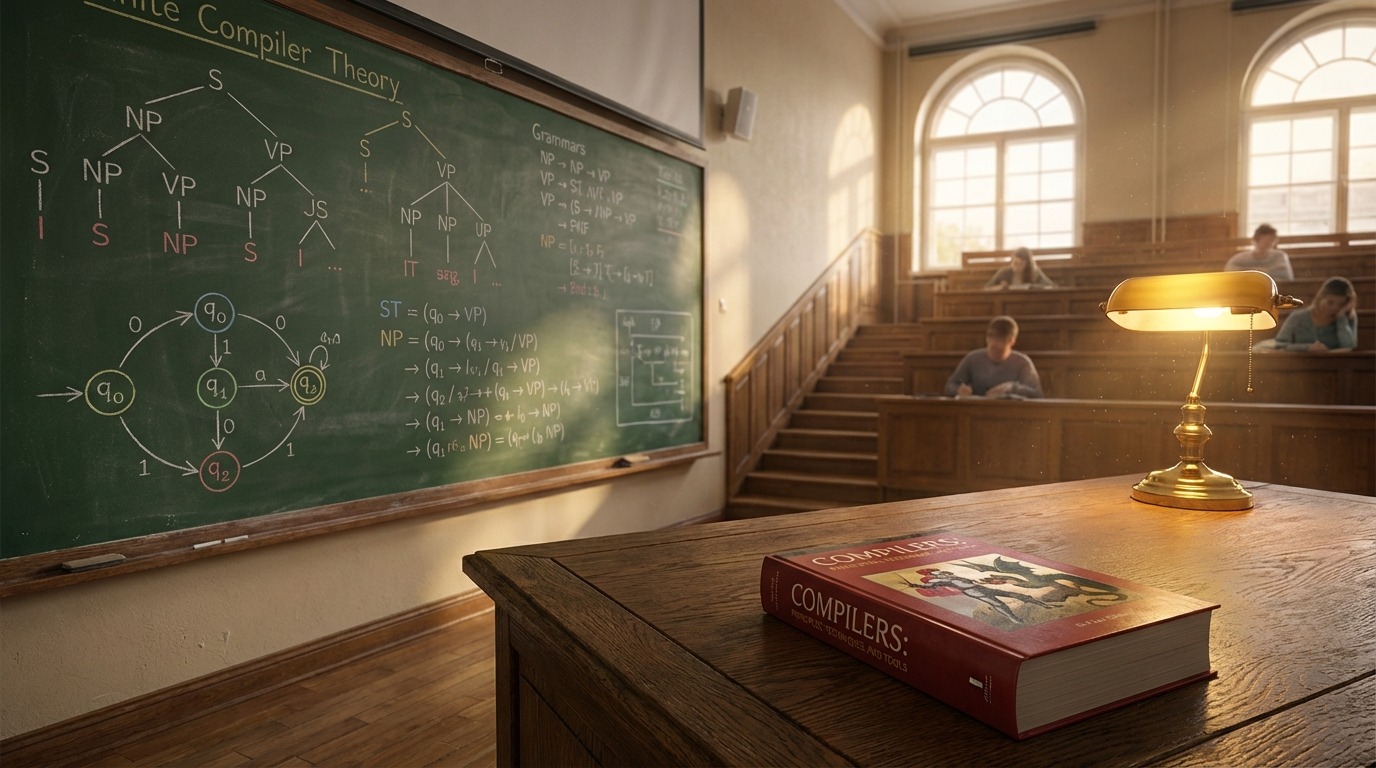 University lecture hall chalkboard covered in formal language theory diagrams with the Dragon Book illuminated on the professor's desk