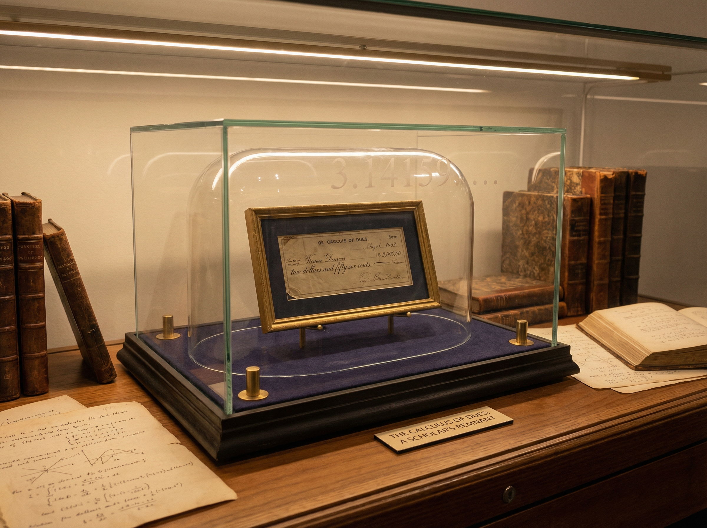 A framed check for $2.56 displayed like a museum artifact, surrounded by mathematical documents