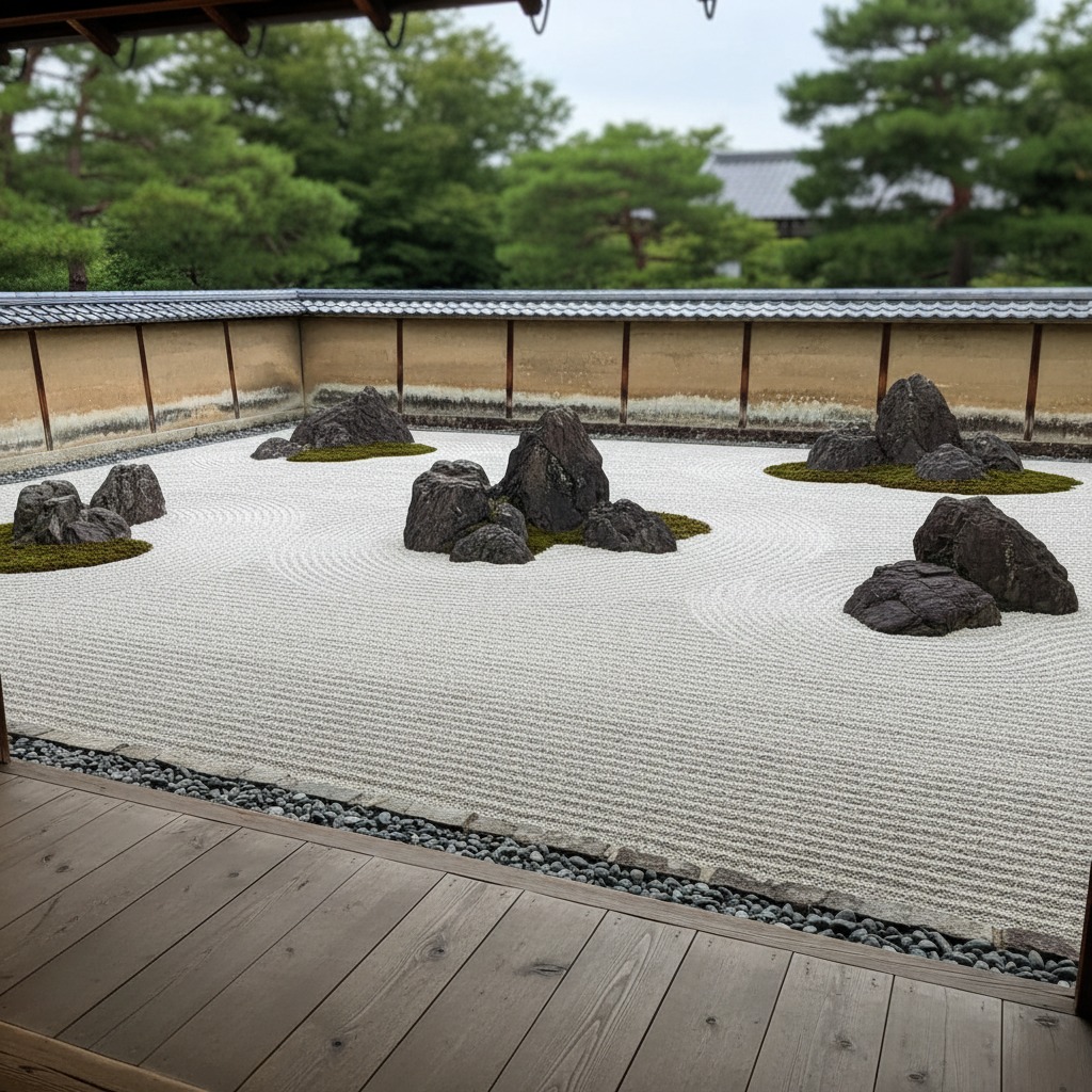 Zen rock garden at Ryoan-ji temple with perfectly raked white gravel and carefully placed stones