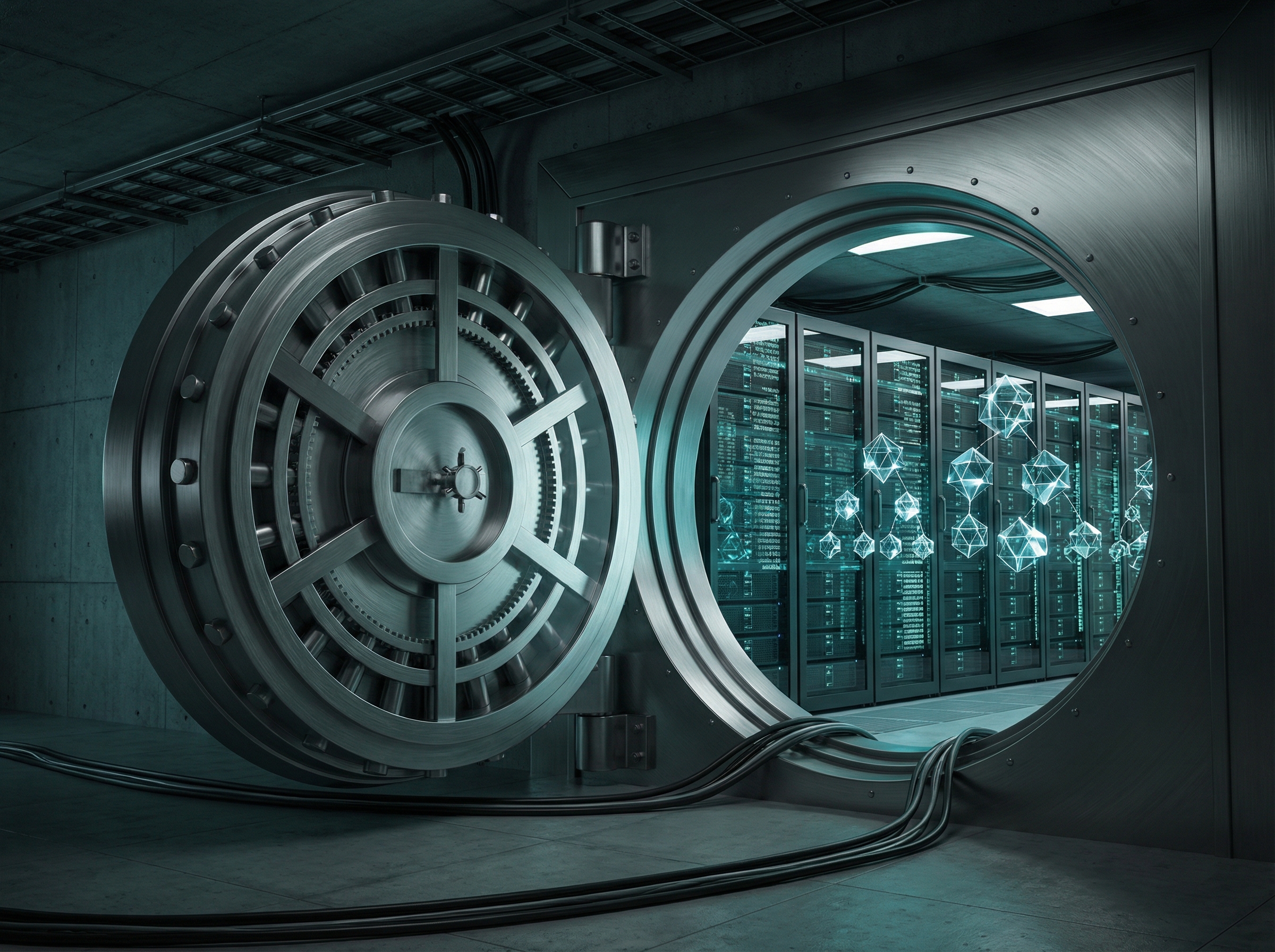 A corporate vault door opening to reveal encrypted code columns